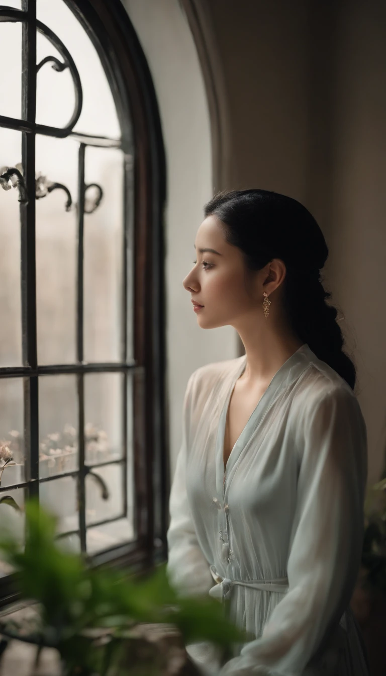A girl watching the rain on a windowsill,is very beautiful,Delicate makeup,Perfect facial features,Asian face,Black color hair,pretty eyes,A deep,Blurred,looks out the window,Light-colored clothes,White skin of the,book,Bedrooms,Extremely detailed CG,8K Ultra HD wallpaper,tmasterpiece,best qualtiy,(pastelcolor,soothing tones:1.3),(Natural skin texture,hyper photorealism),(Photographic works),(Courtyard series),optic,with light glowing,A plant,Rich in detail,(deep in the night:1.4),(真实感),windowsill,A body that conforms to the structure of the human body,Quiet,Beautiful and detailed,(High-density imaging:1.4)