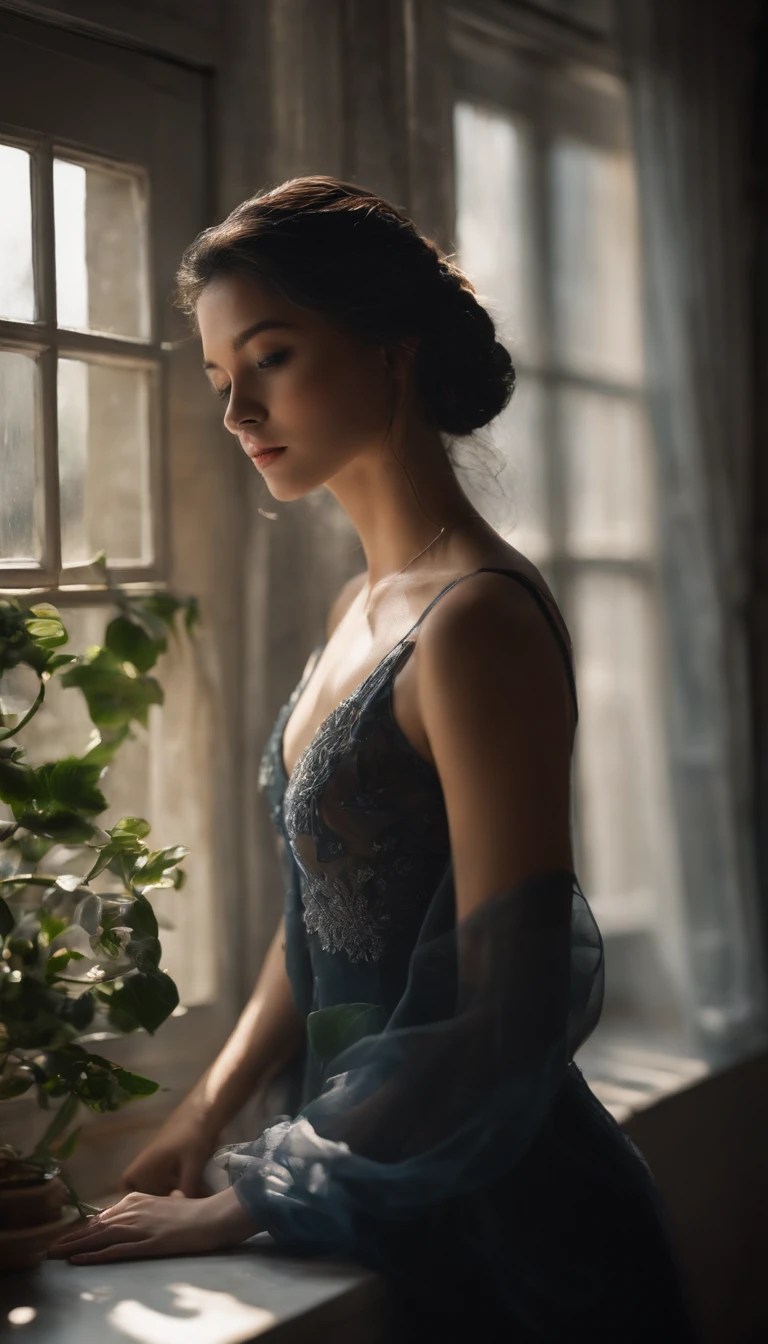 A girl watching the rain on a windowsill，is very beautiful，Delicate makeup，Perfect facial features，Asian face，Black color hair，pretty eyes，A deep，Blurred，looks out the window，Light-colored clothes，White skin of the，book，Bedrooms，Extremely detailed CG，8K Ultra HD wallpaper，tmasterpiece，best qualtiy，(pastelcolor，soothing tones：1.3)，（Natural skin texture，hyper photorealism），（Photographic works），（Courtyard series），optic，with light glowing，A plant，Rich in detail，（deep in the night：1.4），（真实感），windowsill，A body that conforms to the structure of the human body，Quiet，Beautiful and detailed，（High-density imaging：1.4）