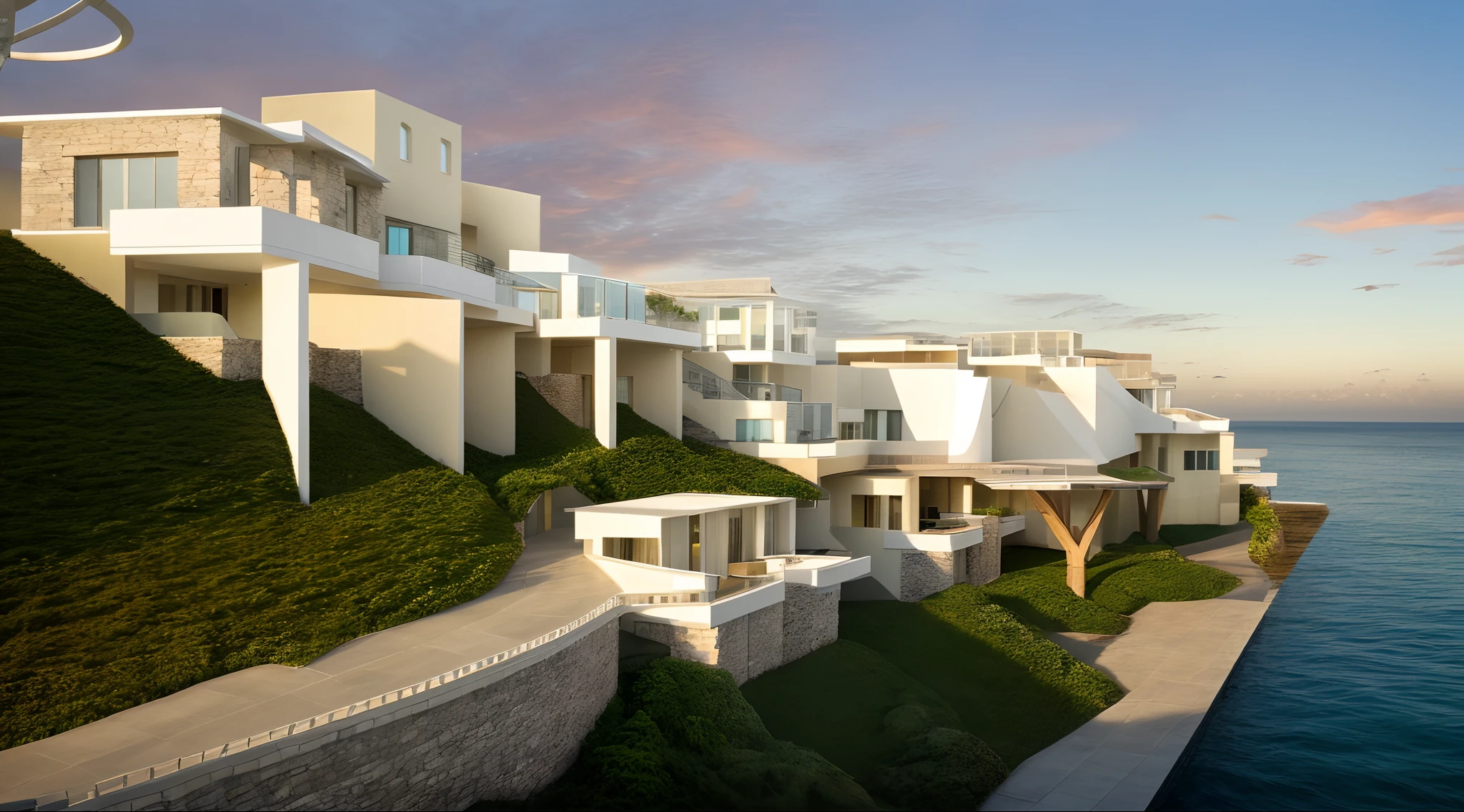 award winning photo of contemporary resort on a slope hillside, adjacent ocean, white and beige color scheme, stone cladding wall, (tropical landscape),