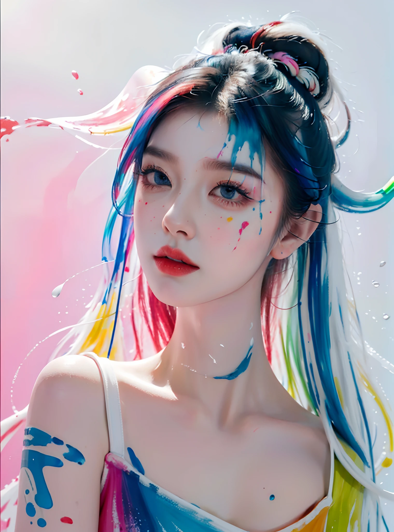 (Masterpiece, Best Quality, High Resolution), White Background, ((Paint Splash, Color Splash, Splash of Ink, Color Splash)),, Sweet Chinese Girl, Rainbow Hair, Peach Lips, Front, Upper Body