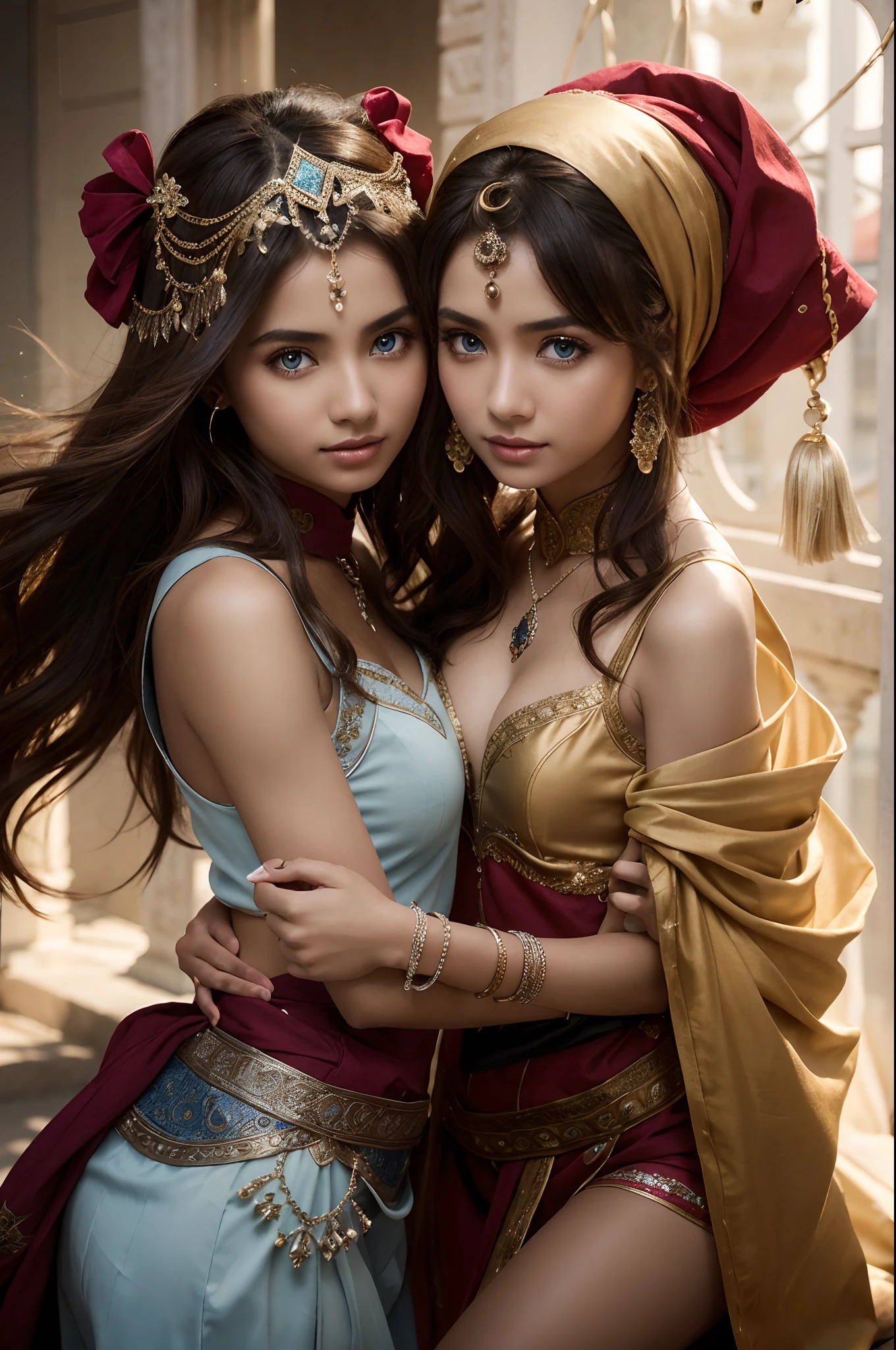 2 girls kneel,duo,top-quality、Extremely Delicately Beautiful、(Strange blue and red eyes)、arabian clothes 、silber hair、femele、(（Brown skin）),Front lens,（Close-up Shot Shot：1.6），best qualtiy，f / 1 HD photography T bokeh，Depth of field Macro,