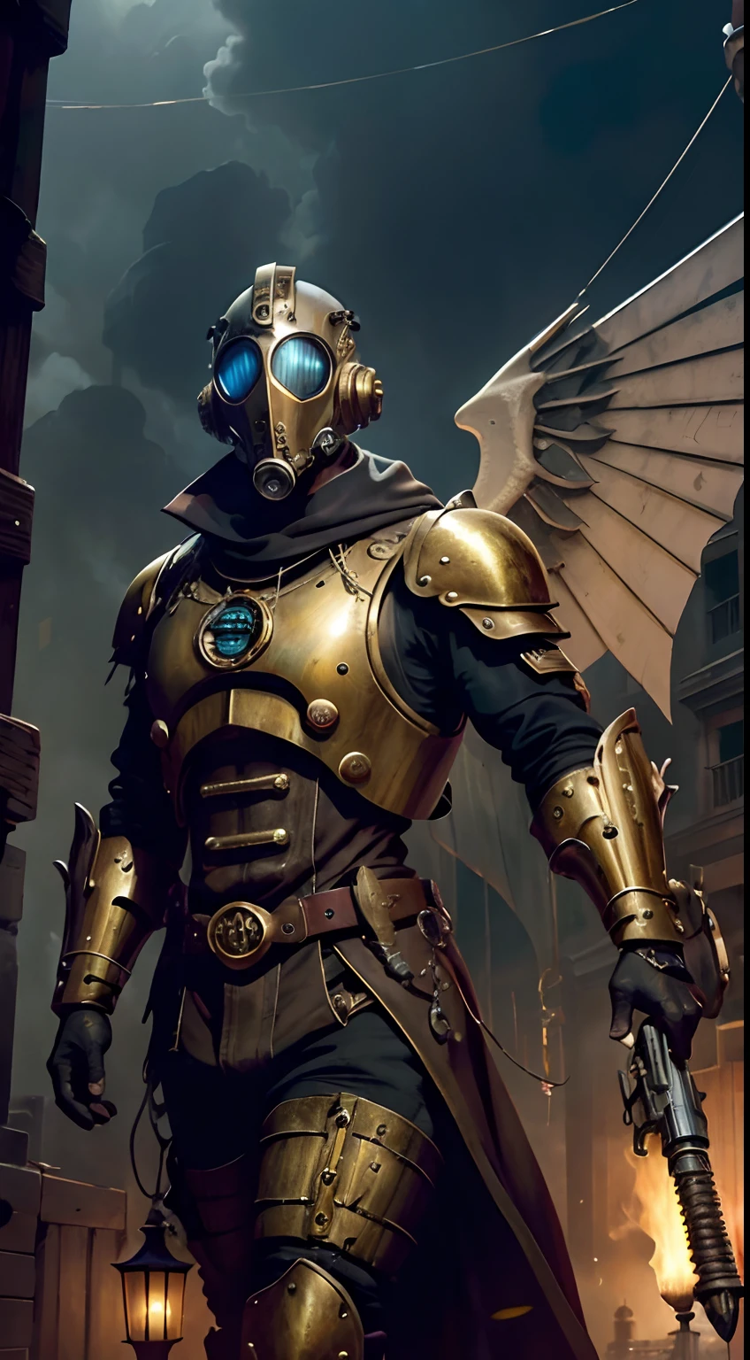 (La mejor calidad,Ultra detallado,realista:1.37),Cazador de monstruos,gas mask,cybernetic arm,exoesqueleto,Propulsado por vapor,Mechanical gears,plumero de cuero,Paisaje de chatarra,strange creatures,Victorian-inspired,Brass glasses,dirigible,Evocative lighting,calles empedradas,Multiple weapons,dientes nudosos con la edad,tatuajes elaborados,Callejones llenos de niebla,Watchmaking devices,Remaches de hierro,Mercado bullicioso,Noche de niebla,mechanicalwings,Bosque Encantado,Chimeneas,Powerful power cores,armamento elaborado,Steampunk Technology,ornate brass,Hauntingly beautiful music,ethereal glow,Plasma lamps,Tubos de cobre,Sombras espeluznantes,Mythical beasts,Aesthetics of the Industrial Revolution Era,Maquinaria colosal,agujas que alcanzan el cielo,Ambiente lleno de humo,mechanical spider, las mejores sombras