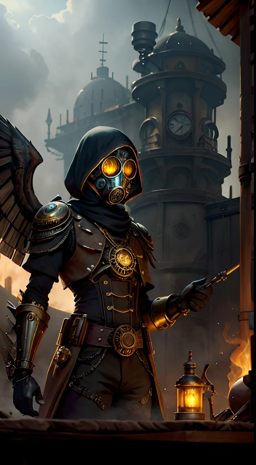 (La mejor calidad,Ultra detallado,realista:1.37),Cazador de monstruos,gas mask,cybernetic arm,exoesqueleto,Propulsado por vapor,Mechanical gears,plumero de cuero,Paisaje de chatarra,strange creatures,Victorian-inspired,Brass glasses,dirigible,Evocative lighting,calles empedradas,Multiple weapons,dientes nudosos con la edad,tatuajes elaborados,Callejones llenos de niebla,Watchmaking devices,Remaches de hierro,Mercado bullicioso,Noche de niebla,mechanicalwings,Bosque Encantado,Chimeneas,Powerful power cores,armamento elaborado,Steampunk Technology,ornate brass,Hauntingly beautiful music,ethereal glow,Plasma lamps,Tubos de cobre,Sombras espeluznantes,Mythical beasts,Aesthetics of the Industrial Revolution Era,Maquinaria colosal,agujas que alcanzan el cielo,Ambiente lleno de humo,mechanical spider, las mejores sombras