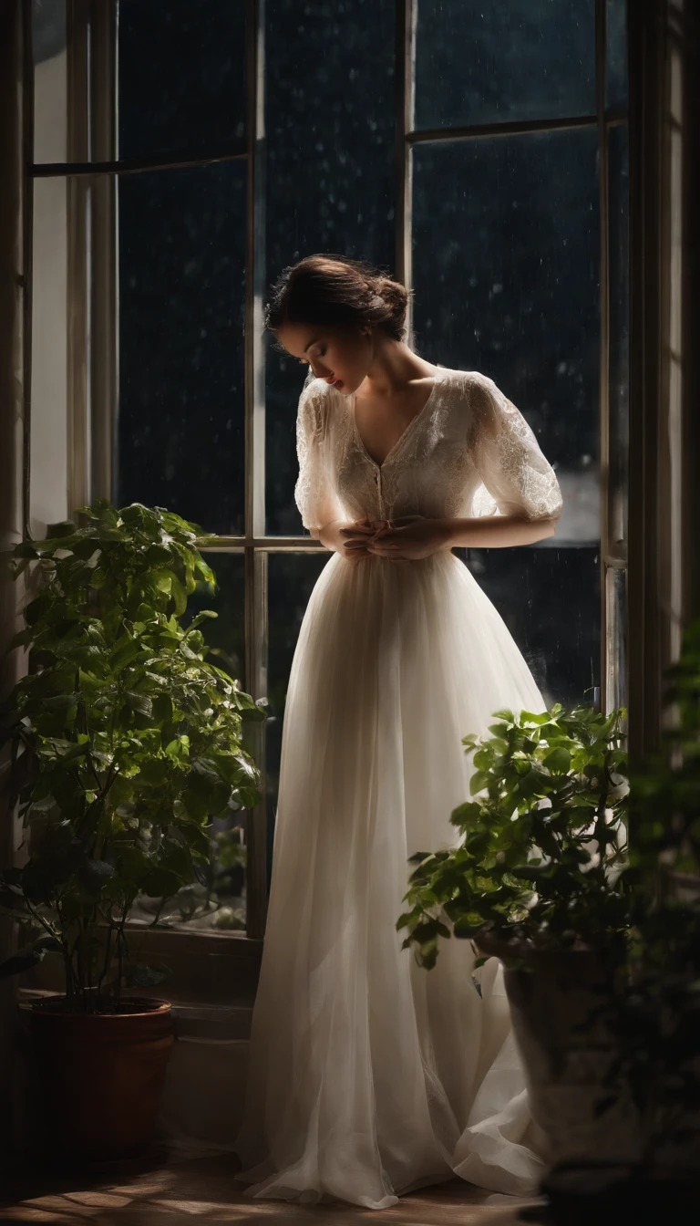 A girl watching the rain on a windowsill，is very beautiful，Delicate makeup，Perfect facial features，Asian face，Black color hair，pretty eyes，A deep，Blurred，looks out the window，Light-colored clothes，White skin of the，book，Bedrooms，Extremely detailed CG，8K Ultra HD wallpaper，tmasterpiece，best qualtiy，(pastelcolor，soothing tones：1.3)，（Natural skin texture，hyper photorealism），（Photographic works），（Courtyard series），optic，with light glowing，A plant，Rich in detail，（deep in the night：1.4），（真实感），windowsill，A body that conforms to the structure of the human body，Quiet，Beautiful and detailed，（High-density imaging：1）