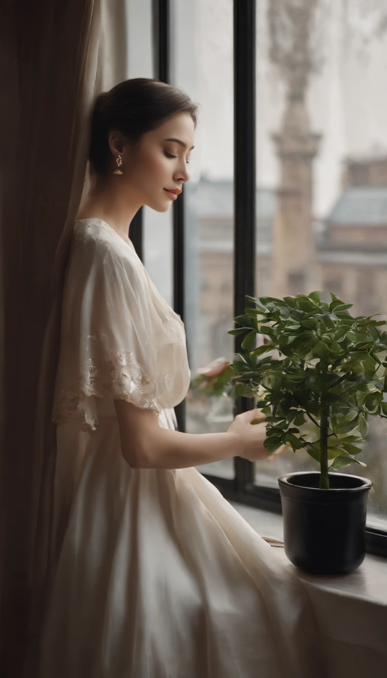 A girl watching the rain on a windowsill,is very beautiful,Delicate makeup,Perfect facial features,Asian face,Black color hair,pretty eyes,A deep,Blurred,looks out the window,Light-colored clothes,White skin of the,book,Bedrooms,Extremely detailed CG,8K Ultra HD wallpaper,tmasterpiece,best qualtiy,(pastelcolor,soothing tones:1.3),(Natural skin texture,hyper photorealism),(Photographic works),(Courtyard series),optic,with light glowing,A plant,Rich in detail,(deep in the night:1.4),(真实感),windowsill,A body that conforms to the structure of the human body,Quiet,Beautiful and detailed,(High-density imaging:1)