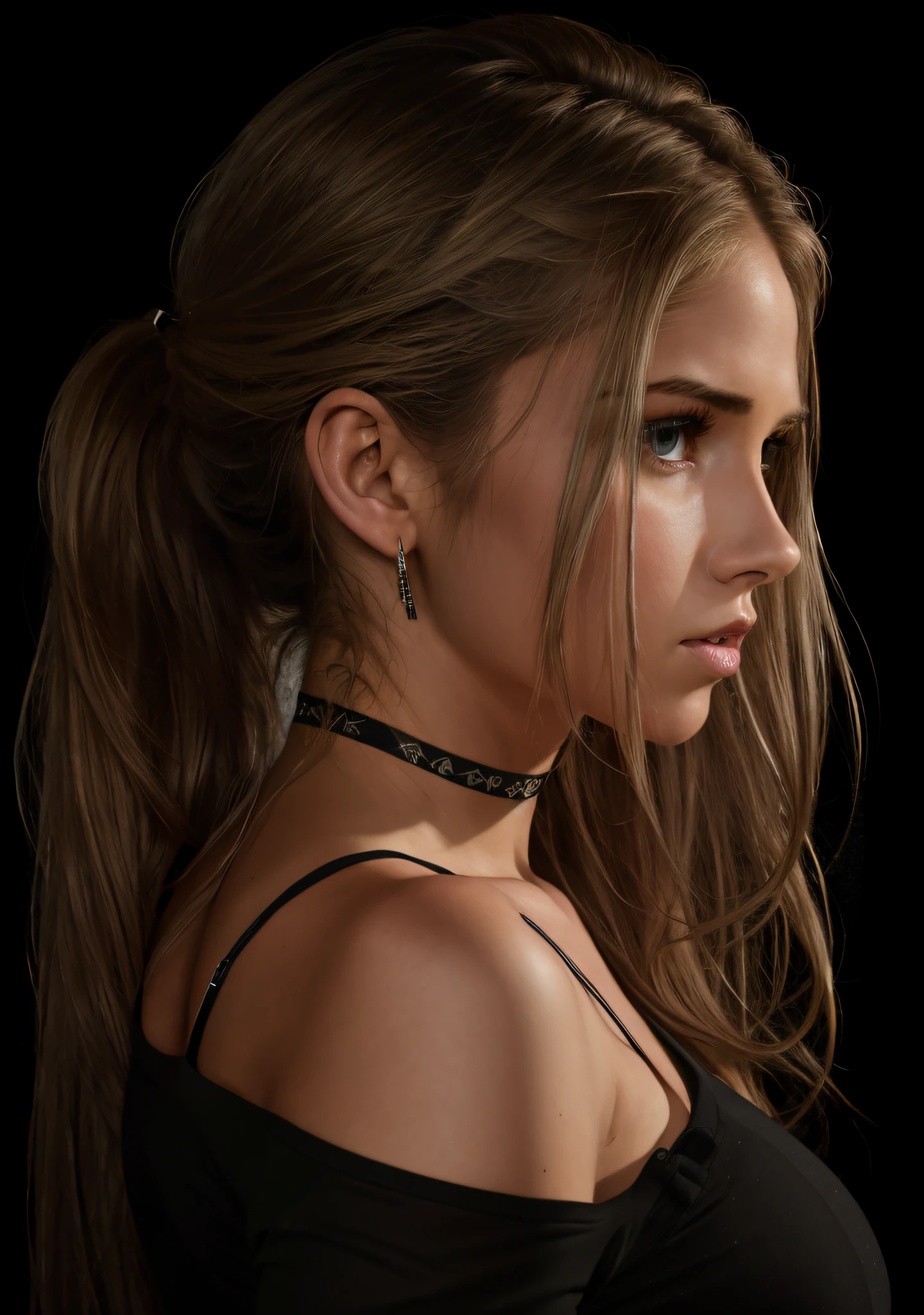 right facing photo, professional, (4k photo:1.1) by (Jeremy Lipking:0.3), (Dittmann Anna:0.3), (Arian Mark:0.3), (Sharp focus:1.3), high detail, wearing (tight shirt:1.2), beautiful detailed face, hazel eyes, long blonde hair, (attractive young woman:1.3), (seductive:1.1), (blushing:1.1), hourglass body shape, small round breasts, wide hips