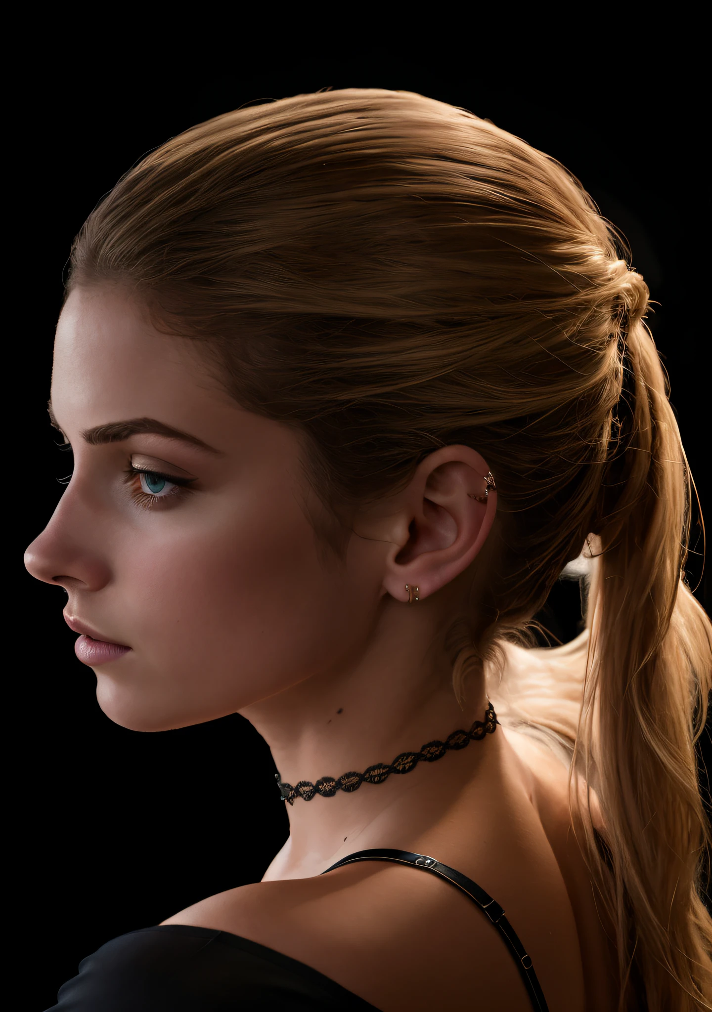 left facing photo, professional, (4k photo:1.1) by (Jeremy Lipking:0.3), (Dittmann Anna:0.3), (Arian Mark:0.3), (Sharp focus:1.3), high detail, wearing (tight shirt:1.2), beautiful detailed face, hazel eyes, long blonde hair, (attractive young woman:1.3), (seductive:1.1), (blushing:1.1), hourglass body shape, small round breasts, wide hips