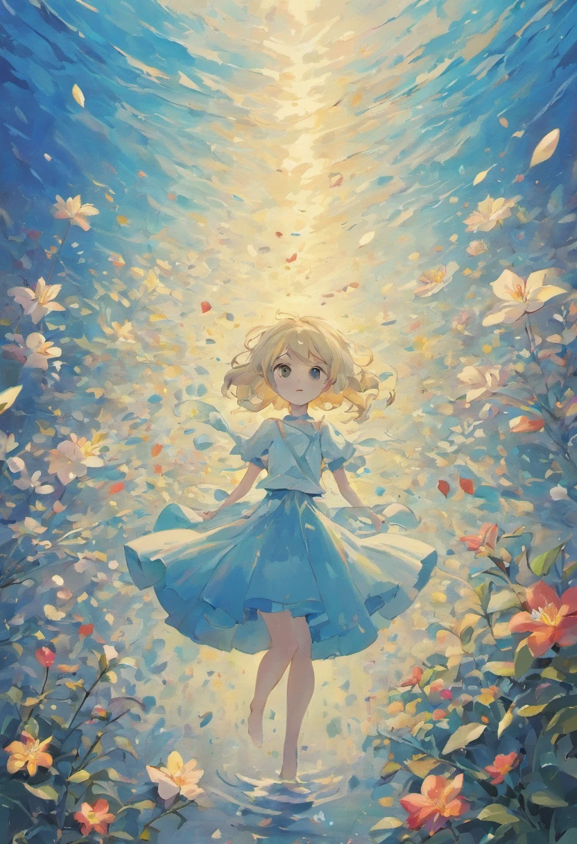 lumine_\(genshin_impact\), hiten kei style, claude monet, oil painting, masterpiece, hyper realistic, realistic skin, best quality, 1girl, village, trees, medium breasts, huge nipples, erect nipples, looking at another, topless, full body, vector illustration, nipples, light smile, bangs, bare shoulders, blonde hair, skirt, wet, soaked, raining, hanging laundry, smiling, happy, black pantyhose, windmill, sunlight, cool breeze, blue sky, stretching, looking up, wood pail, wet body, flowers, little village, laundry, hanging sheets, navel, dry ground, innocent