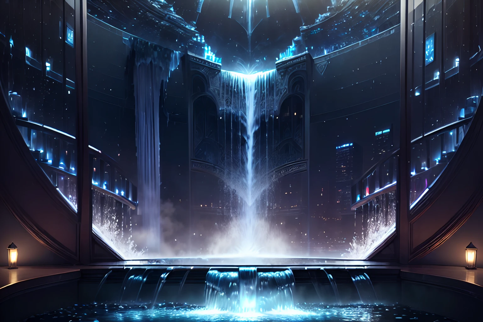 (((ethereality waterfall with through the darkness:1.3))), dreams are scattered, (blue bird:1.3), (a cityscape hidden in a intricate glimmer etched glass waterfall detailed:1.1), tachism, iridescent, rich colors, every detail captured beautiful glow, insane details, crisp clarity that is unmatched, (impeccable quality and perfection:1.2), divine possession, holography style, holographic rendering, sharp and crisp resolution. ((stunningly beautiful visual quality:1.2)).