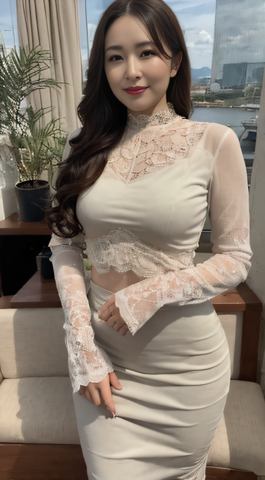 In the living room with a sofa there is a woman in a dress posing for a photo, Crewneck clothes, Lace, Sleek tight clothing set, wearing sexy cropped top, clear curvy details, 8K)), ( ivory black ), lacey, The upper part of the body, full - length view, Intricate and detailed dress,wavy and long hair