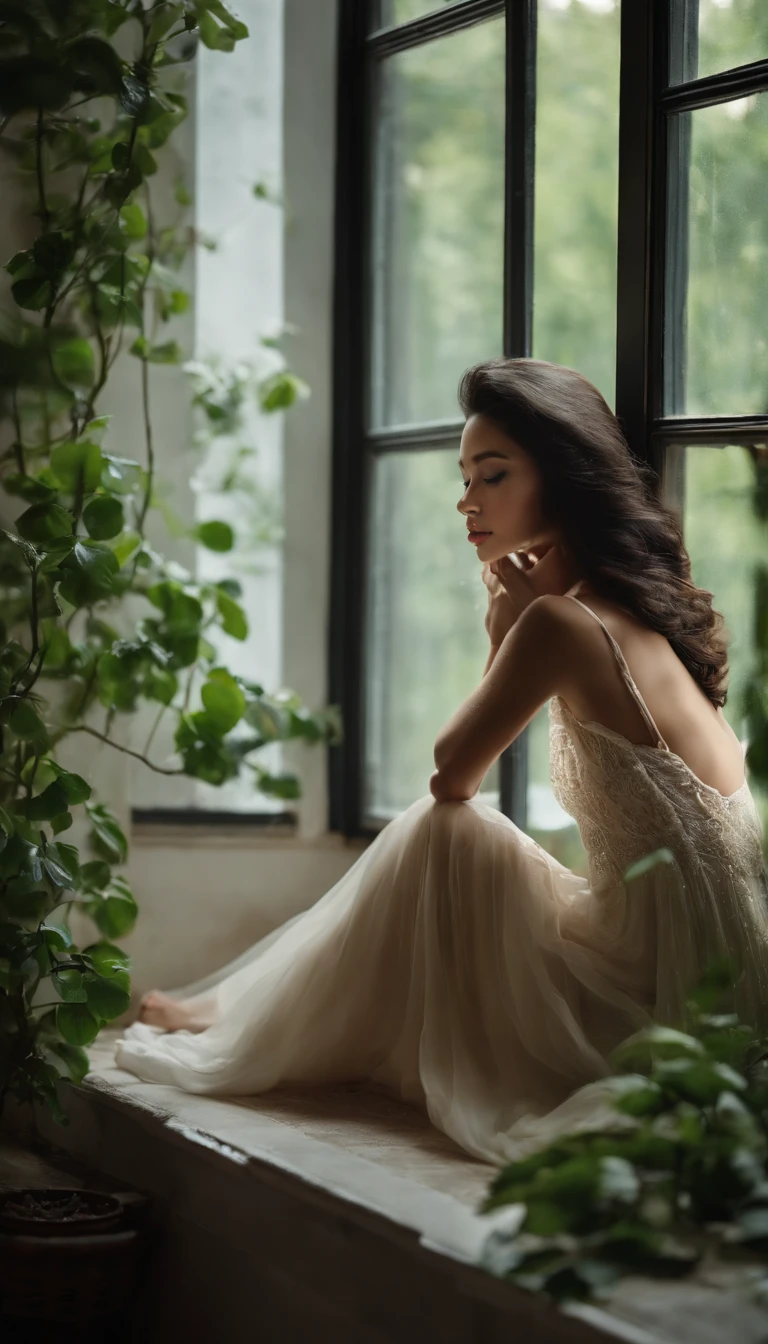 A girl watching the rain on a windowsill,is very beautiful,Delicate makeup,Perfect facial features,Asian face,Black color hair,pretty eyes,A deep,Blurred,looks out the window,Light-colored clothes,White skin of the,book,Bedrooms,Extremely detailed CG,8K Ultra HD wallpaper,tmasterpiece,best qualtiy,(pastelcolor,soothing tones:1.3),(Natural skin texture,hyper photorealism),(Photographic works),(Courtyard series),optic,with light glowing,A plant,Rich in detail,(deep in the night:1.4),(真实感),windowsill,A body that conforms to the structure of the human body,Quiet,Beautiful and detailed,(High-density imaging:1.4)