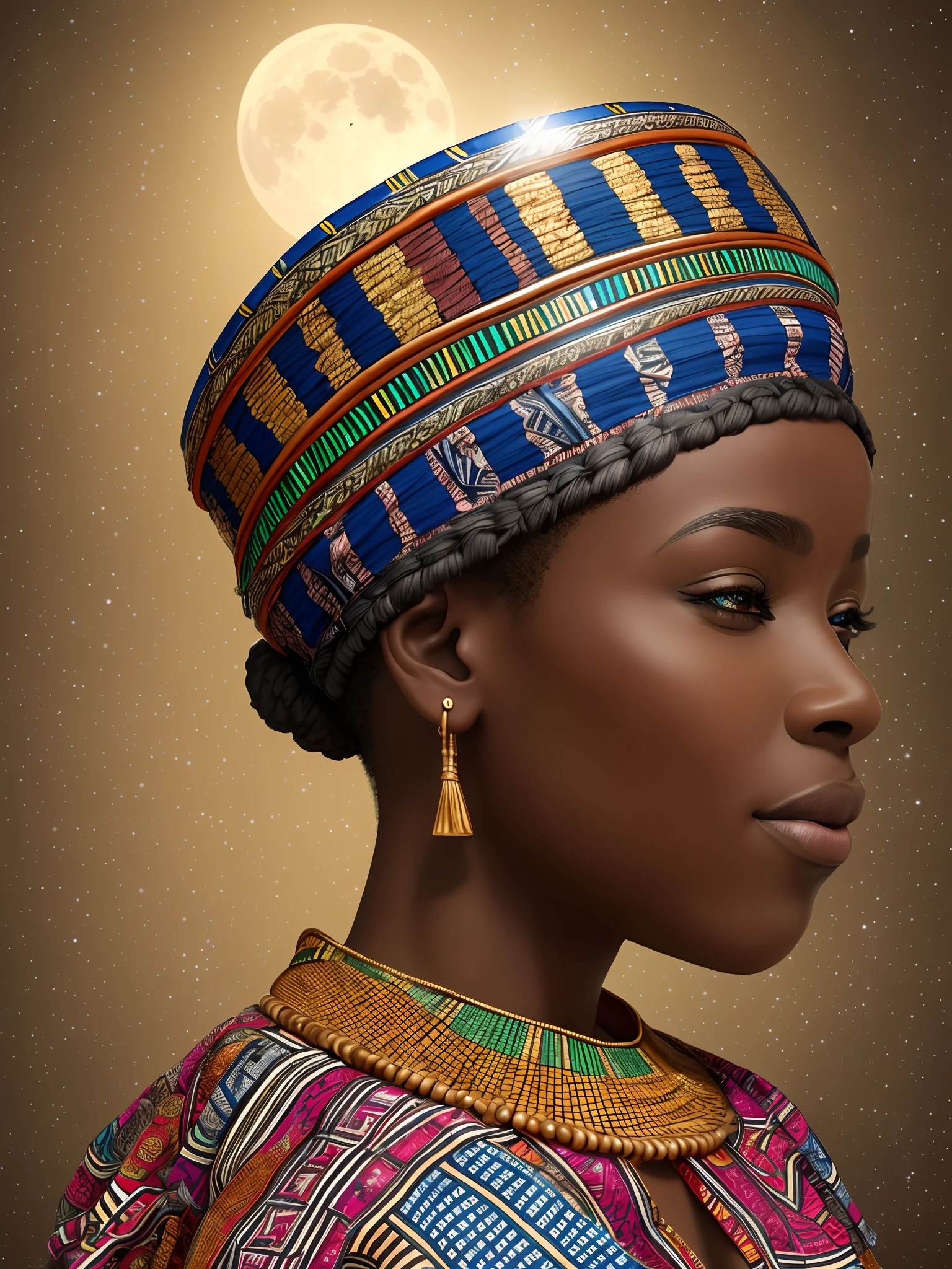 Traditional futuristic African marriage of a black man and black woman both wearing African designed helmets and African traditional clothes, surrounded by people carrying pots and african designed instruments like drums, full of coloured African designed instruments, in an empty area full of celebrating congregation carrying african instruments and african designed pots, night time with a white moon shining a beautiful vibrant light, with iridescent light, photorealistic image, 32k, ultra HD, cinematic lighting, cgsociety 9, deviantart --auto --s2