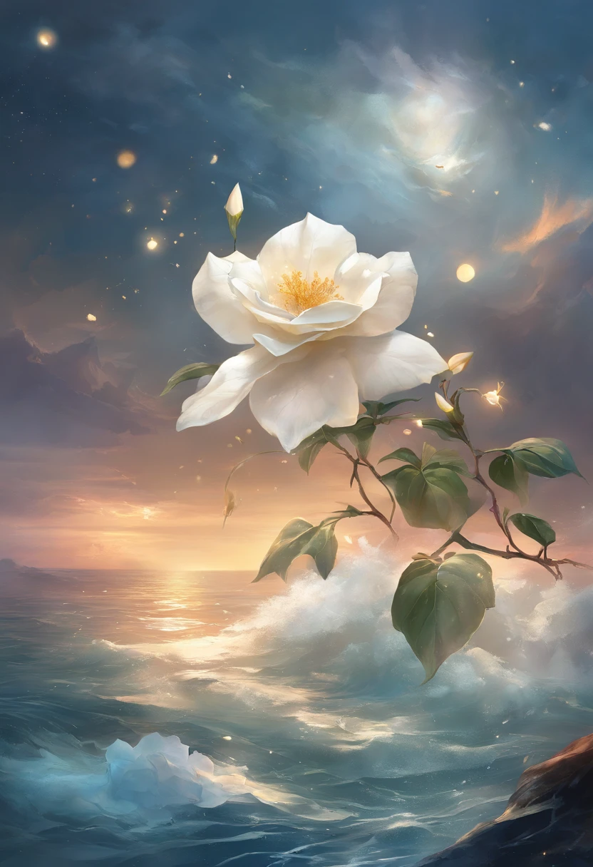 White gardenia floating in the sea,Broken petals are scattered in the sea,Chuva bateu no mar,dark and gloomy sky