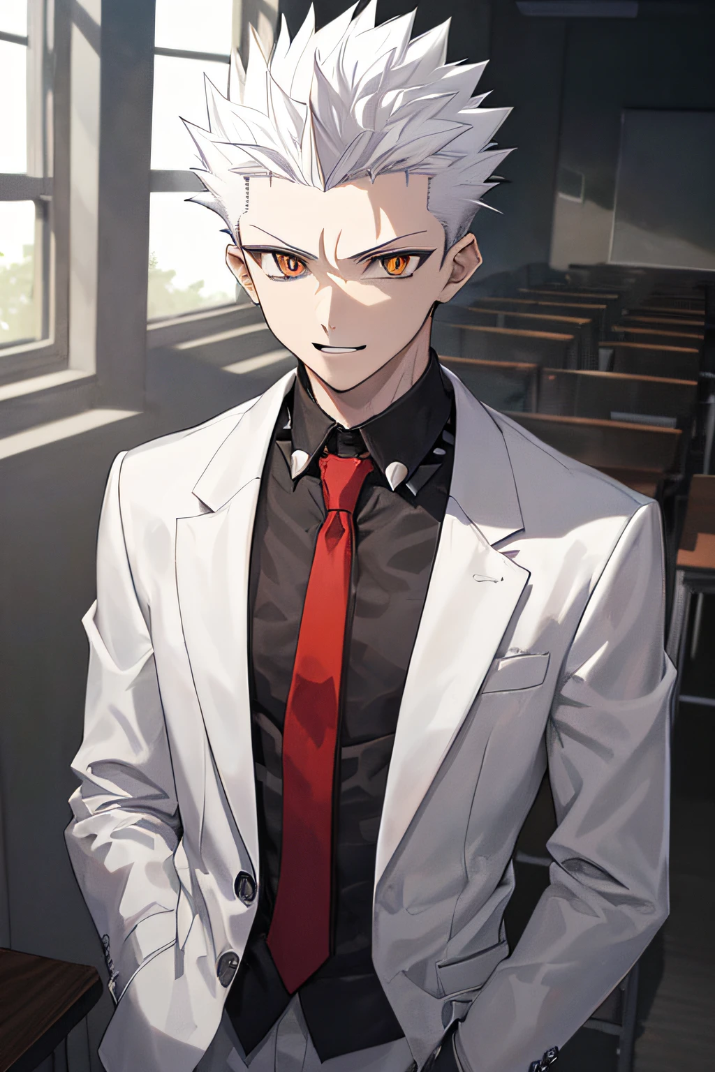 Teenage MAN, boy, (masterpiece, best quality), KujouCSA, break, 1boy, (Teenager), 15 years old, (((15 years))) high school student, alone, white school uniform, gray jacket, open jacket, red tie, amber eyes, apathetic eyes, short spiked hair, white hair, hair shaved on the sides, expressionless, caucasian skin, attractive, teenager, toned pecs, muscular arms, bull neck, smile, aesthetics, look at viewer, upper body photo, university classroom, rest, garden manor. (((short spiked hair))) (((short spiked hair)))