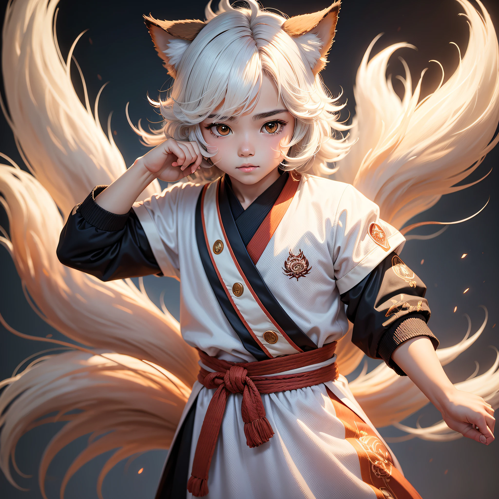 Menino anime bonito jovem, cabelos brancos, kitsune menino