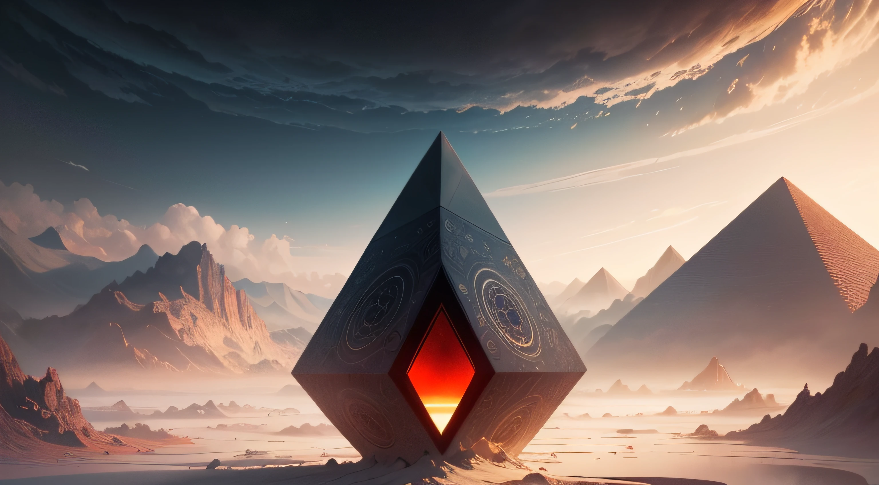Obra-prima surrealista. qualidade excepcional. detalhes surpreendentes. Surreal CG rendering of a pyramid right in the center of red. Um tringulo equilatero a centro e ao fundo um grande olho.dreamlike scenery. Experience the fusion of abstract and realistic elements. cores vibrantes e contrastantes, circles or geometric shapes levitating around. Atmosfera misteriosa. Surrealist technique in the representation of objects and figures. Organic textures and shapes. Dreamlike inspiration. Amazing composition and perspective. Clouds and smoky on the sides Enter a surreal world full of surprises and emotions