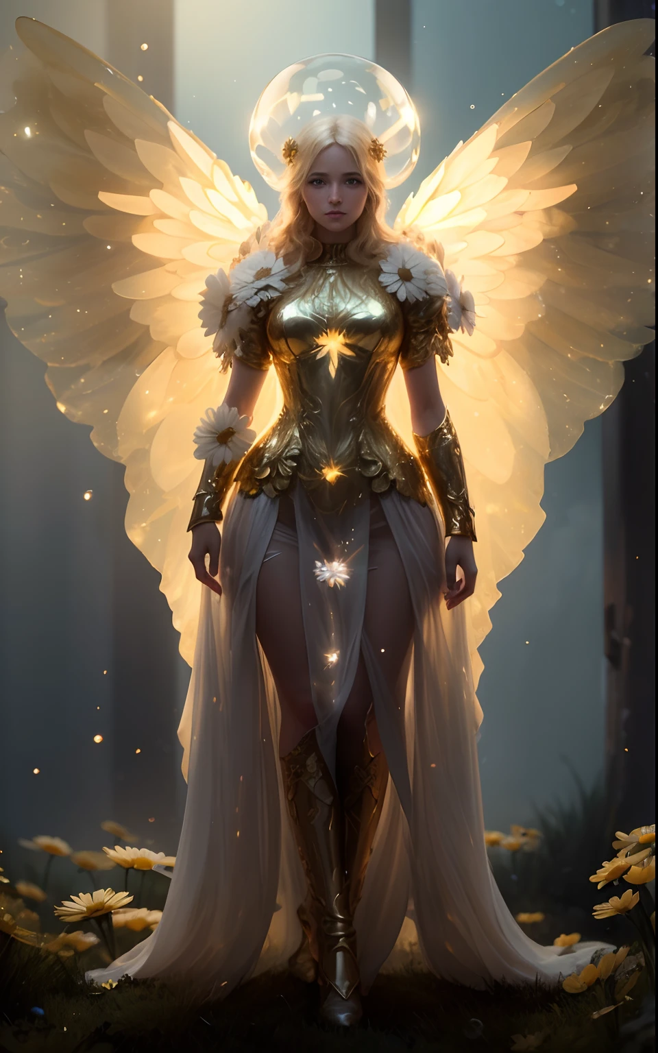 in a golden transparent glass bubble, dark stary background, beautiful blond 30-years-old angel with daisy, 64k resolution hyperdetailed full body shot, wavy, swirling, bar art