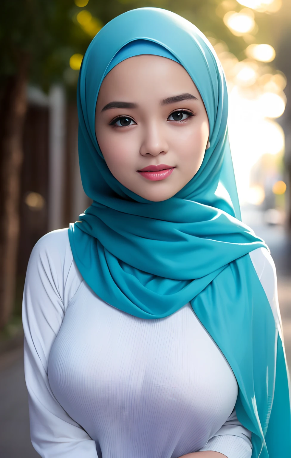 (night scene, close up photo of a sexy naked malay girl with hijab, posing, look at a camera and smile, blue pastel hijab, (green eyes:0.8), big tit, cute young face, 18 yo, soft volumetric lights, (backlit:1.3), (cinematic:1.3), intricate details, (ArtStation:1.2),Best quality, high resolution, masterpiece: 1.3), a beautiful malay woman in hijab, big breasts, slim figure, sweatshirt, beautifully presented details in the street and facial and skin texture, detailed eyes, double eyelids, big eyeschest visible, shirt open