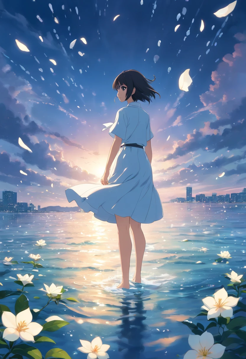 white gardenia petals floating on the sea, broken petals scattered on the sea surface, raindrops hitting the sea, dark and gloomy sky, illustrations, (best quality, 4k, highres, masterpiece:1.2), ultra-detailed, (realistic, photorealistic:1.37), HDR, studio lighting, extreme detail description, professional, vivid colors, bokeh, concept artists