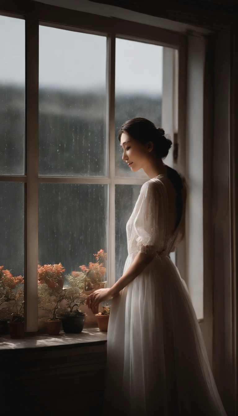 A girl watching the rain on a windowsill，is very beautiful，Delicate makeup，Perfect facial features，Asian face，Black color hair，pretty eyes，A deep，Blurred，looks out the window，Light-colored clothes，White skin of the，book，Bedrooms，Extremely detailed CG，8K Ultra HD wallpaper，tmasterpiece，best qualtiy，(pastelcolor，soothing tones：1.3)，（Natural skin texture，hyper photorealism），（Photographic works），（Courtyard series），optic，with light glowing，A plant，Rich in detail，（deep in the night：1.4），（真实感），windowsill，A body that conforms to the structure of the human body，Quiet，Beautiful and detailed，（High-density imaging：1.4），Professional lighting