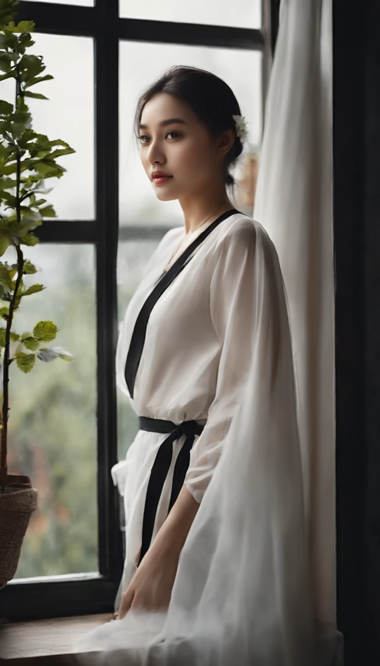 A girl watching the rain on a windowsill,is very beautiful,Delicate makeup,Perfect facial features,Asian face,Black color hair,pretty eyes,A deep,Blurred,looks out the window,Light-colored clothes,White skin of the,book,Bedrooms,Extremely detailed CG,8K Ultra HD wallpaper,tmasterpiece,best qualtiy,(pastelcolor,soothing tones:1.3),(Natural skin texture,hyper photorealism),(Photographic works),(Courtyard series),optic,with light glowing,A plant,Rich in detail,(deep in the night:1.4),(真实感),windowsill,A body that conforms to the structure of the human body,Quiet,Beautiful and detailed,(High-density imaging:1.4),Professional lighting