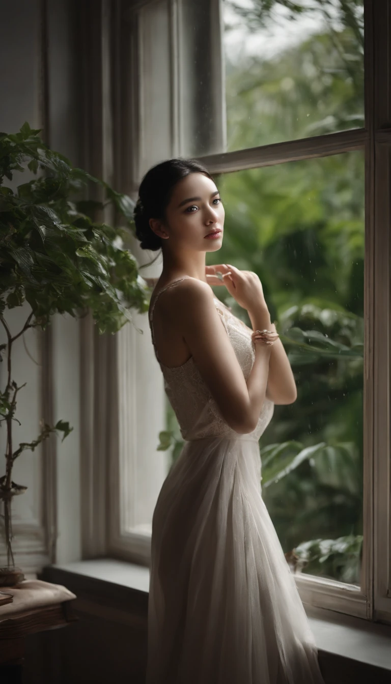 A girl watching the rain on a windowsill,is very beautiful,Delicate makeup,Perfect facial features,Asian face,Black color hair,pretty eyes,A deep,Blurred,looks out the window,Light-colored clothes,White skin of the,book,Bedrooms,Extremely detailed CG,8K Ultra HD wallpaper,tmasterpiece,best qualtiy,(pastelcolor,soothing tones:1.3),(Natural skin texture,hyper photorealism),(Photographic works),(Courtyard series),optic,with light glowing,A plant,Rich in detail,(deep in the night:1.4),(真实感),windowsill,A body that conforms to the structure of the human body,Quiet,Beautiful and detailed,(High-density imaging:1.4),Professional lighting