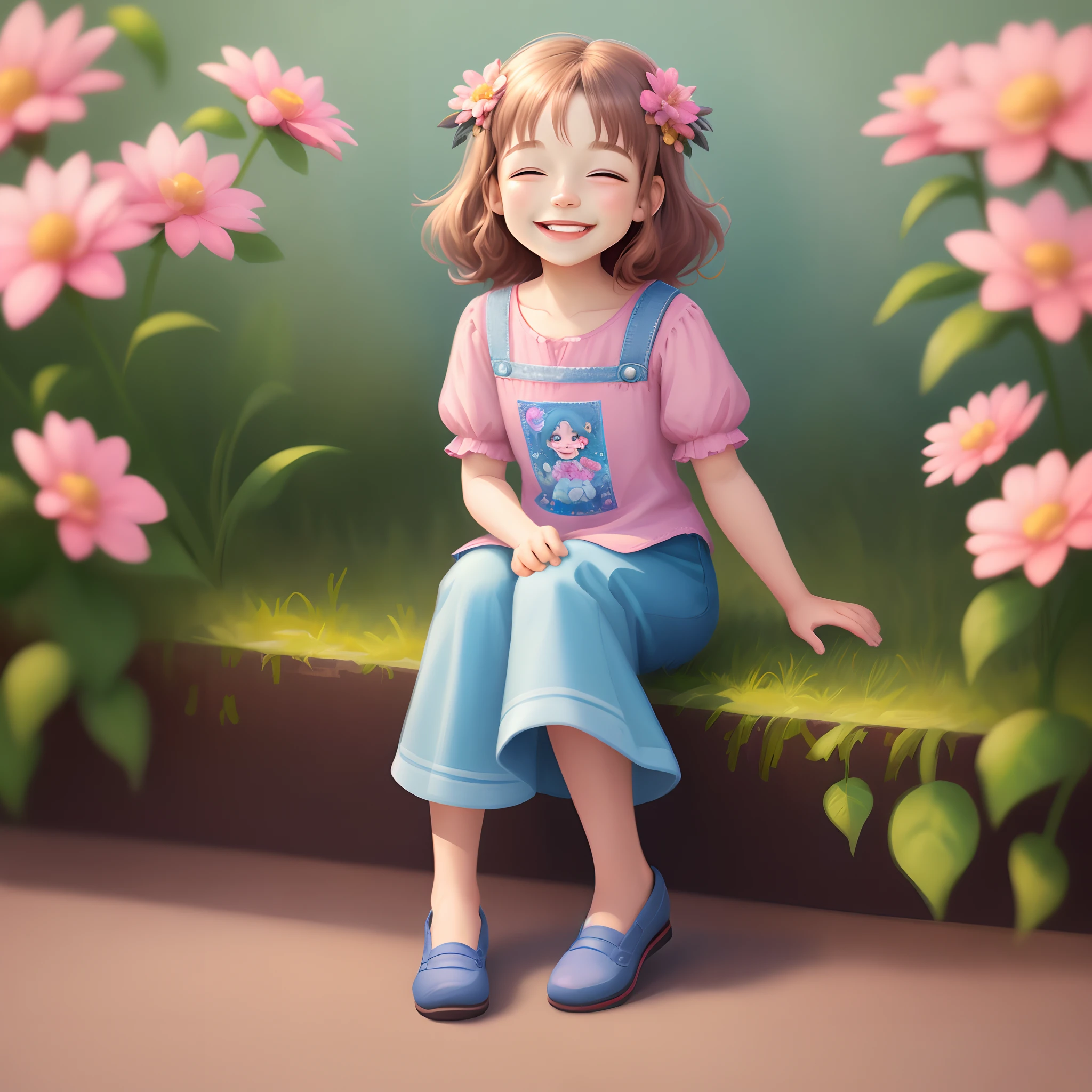A child sits on the ground，Close-up of a flower in his hair, lovely digital painting, adorable digital art, Beautiful character painting, Cute detailed digital art, Beautiful digital artwork, trending on cgstation, laughing sweetly, Guviz-style artwork, cute character, and she smiling，Very happy, soft happy smile, Lovely smile