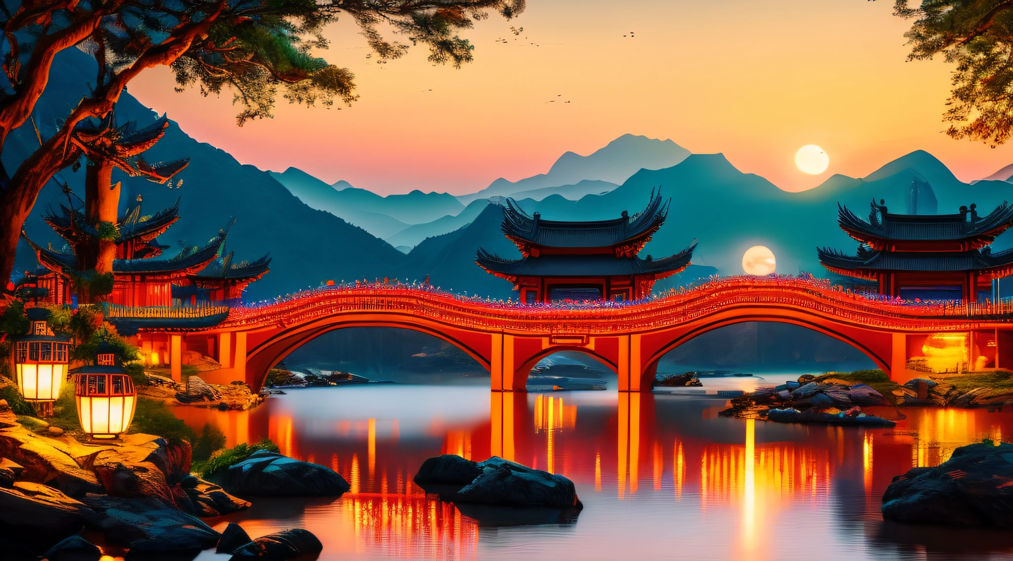 On the evening of the Mid-Autumn Festival, parents and two young boys (2 and 3 years old) walk on a bridge surrounded by golden sky lanterns floating in the sky, with a full moon shining brightly above. The bridge is made of old, weathered wood, adding a sense of history to the scene. The lanterns cast a warm, soft glow, illuminating the bridge and creating a magical atmosphere. The boys are wearing traditional Chinese costumes in vibrant colors, their eyes filled with excitement as they look up at the lanterns. The parents hold their hands, guiding them across the bridge, their faces beaming with joy and love. The whole scene is bathed in a dreamlike, warm color palette, reminiscent of the autumn evening sky. The lanterns gently sway in the breeze, creating a calm and serene ambiance. The full moon acts as the centerpiece, radiating its gentle light onto the bridge and the surrounding area. The lanterns and the moon together form a beautiful contrast, symbolizing the harmony between tradition and nature. The light reflects off the boys' rosy cheeks, highlighting their innocence and the joy of the festival. The composition of the image emphasizes the depth and perspective, with the bridge leading the viewer's gaze towards the horizon where the lanterns fade into the distance. The distant mountains and trees add a touch of tranquility and serenity to the scene. The atmosphere is vibrant and filled with anticipation, capturing the essence of the Mid-Autumn Festival and the precious moments shared between loved ones. This prompt aims to convey a sense of joy, family bonds, and the beauty of cultural traditions. (best quality,4k,8k,highres,masterpiece:1.2),ultra-detailed,(realistic,photorealistic,photo-realistic:1.37),HDR,UHD,studio lighting,ultra-fine painting,sharp focus,physically-based rendering,extreme detail description,professional,vivid colors,bokeh,traditional Chinese costumes,weathered wood,serene ambiance,vibrant colors,innocence,harmony between tradition and