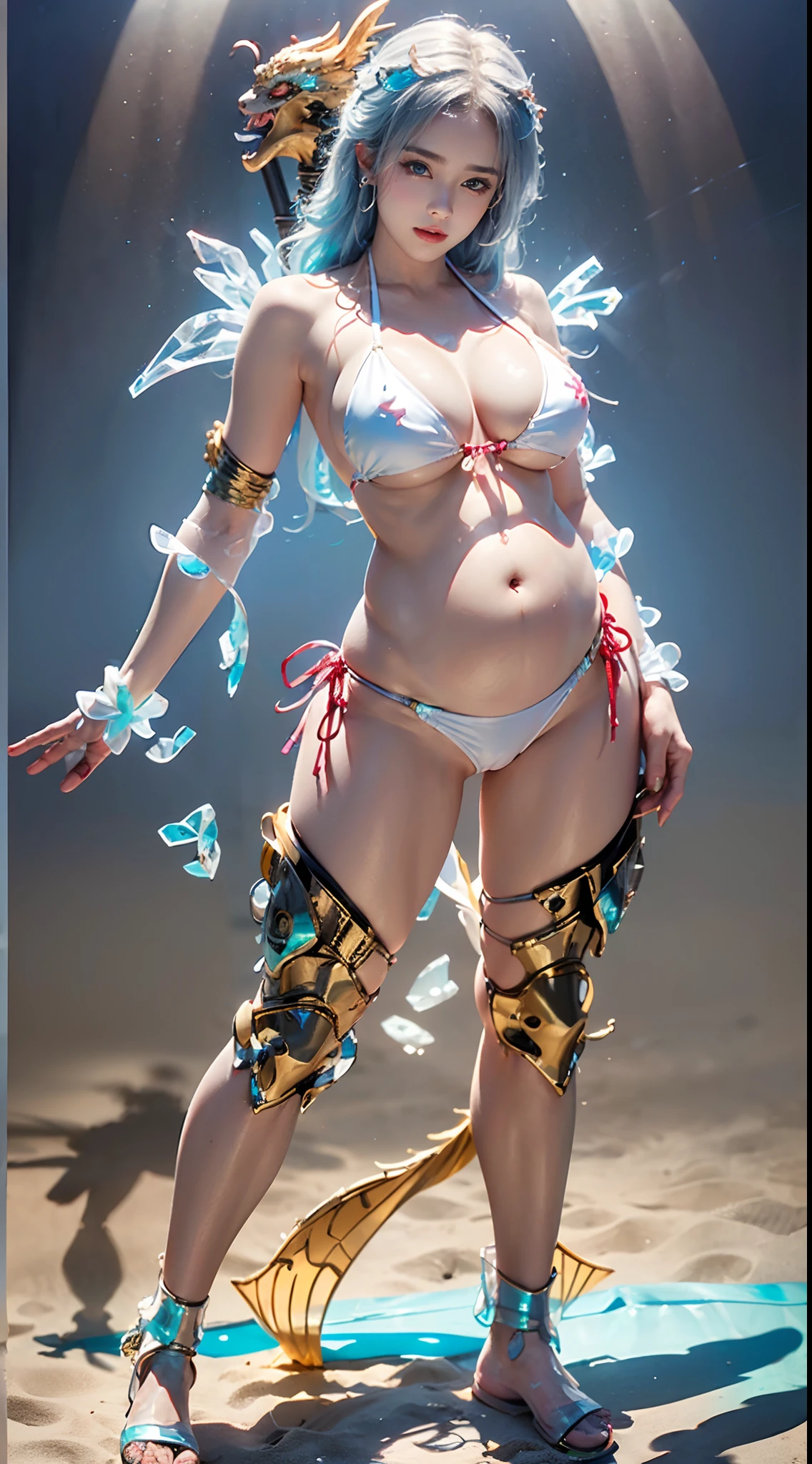 Silver Dragon Goddess, Dragon spearman pose,huge boob, Mecha heavy armor, cleanness,Transparent,cleanness, standing, Transparent,cleanness, (musculous:1.4), (Naked of breast:1.9),Exposes most of the breasts,(Breast bump:1.6),(The shadow of a huge, beautiful, hard head:1.6),muscle abs,slender leg,(Bikini transparent :1.9)
