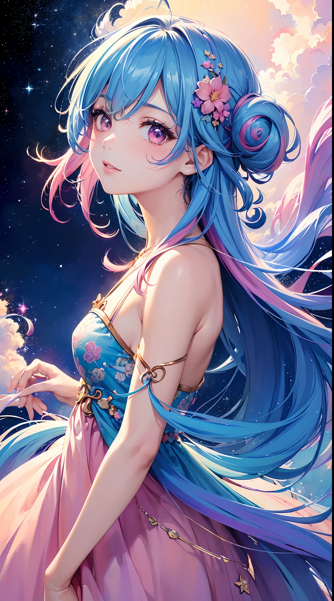 (masterpiece, top quality, best quality,watercolor (medium),official art, beautiful and aesthetic:1.2),(1girl:1.3), (fractal art:1.3),upper body, from side, looking at viewer,patterns,(rainbow color Hair,colorful hair,half blue and half pink hair:1.2),water,liquid, cloud,colorful, starry,stars,(HD lighting and dark )
(epic image quality)
(many effects in background)