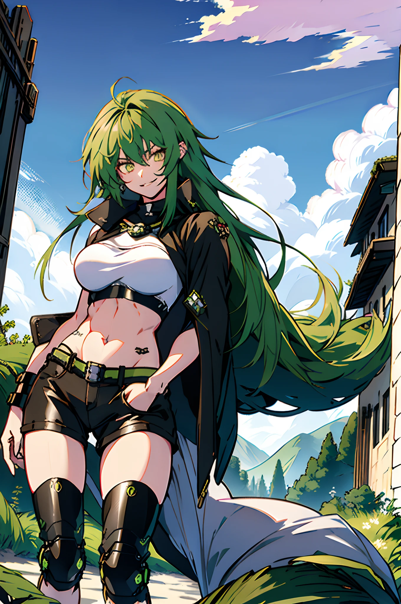 Pure sky，mechanical leg，Black mechanical legs，Plump legs，Green gem setting，Anime girl standing gracefully on the ground，Black cape and green hair, rogue anime girl, Anime girl standing, Wearing a cloak on the blasted plain, asuka suit under clothes!, Cyborg girl, badass posture, mechanic punk outfit, anime styled 3d, render of a cute 3d anime girl, gapmoe yandere grimdark, Female character，musculature，Abs，Glowing green eyes，Black hair with green gradient，short detailed hair，Bunched hair，Dull hair，（Muscle 2.0），Tomboyish，Be red in the face，looking at viewert，Elaborate Eyes，Black mechanical legs，huge tit，1.5，Put your hands in your pockets，ssmile，blacksilk，Straight big breasts，strappy，Black openwork hot pants，White bandeau，Toothless smile，Lower breast，Mechanical wind，There are no cities，Side breasts，Excitation，Top crotch，Sexy lower abdomen