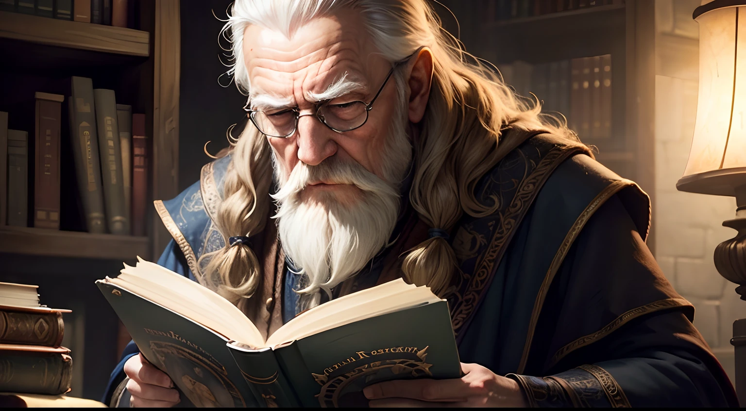 realistic, masterpiece, best quality, wise old wizard reading book, grumpy lighting, brightness, bright, mysterious, mystical, magical, rim lighting