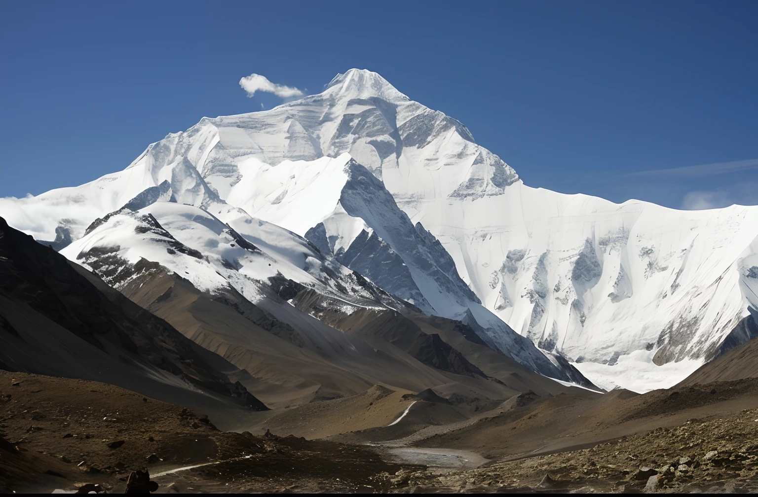 a mountain with a snow capped peak in the distance, Himalayas, nepal, omar shanti himalaya tibet, with a snowy mountain and ice, breathtaking himalayan landscape, Big Mountain, mega high white mountain, mont, Tibet, giant imposing mountain, with snow on its peak, mountain in background, tengri, icy mountains in the background