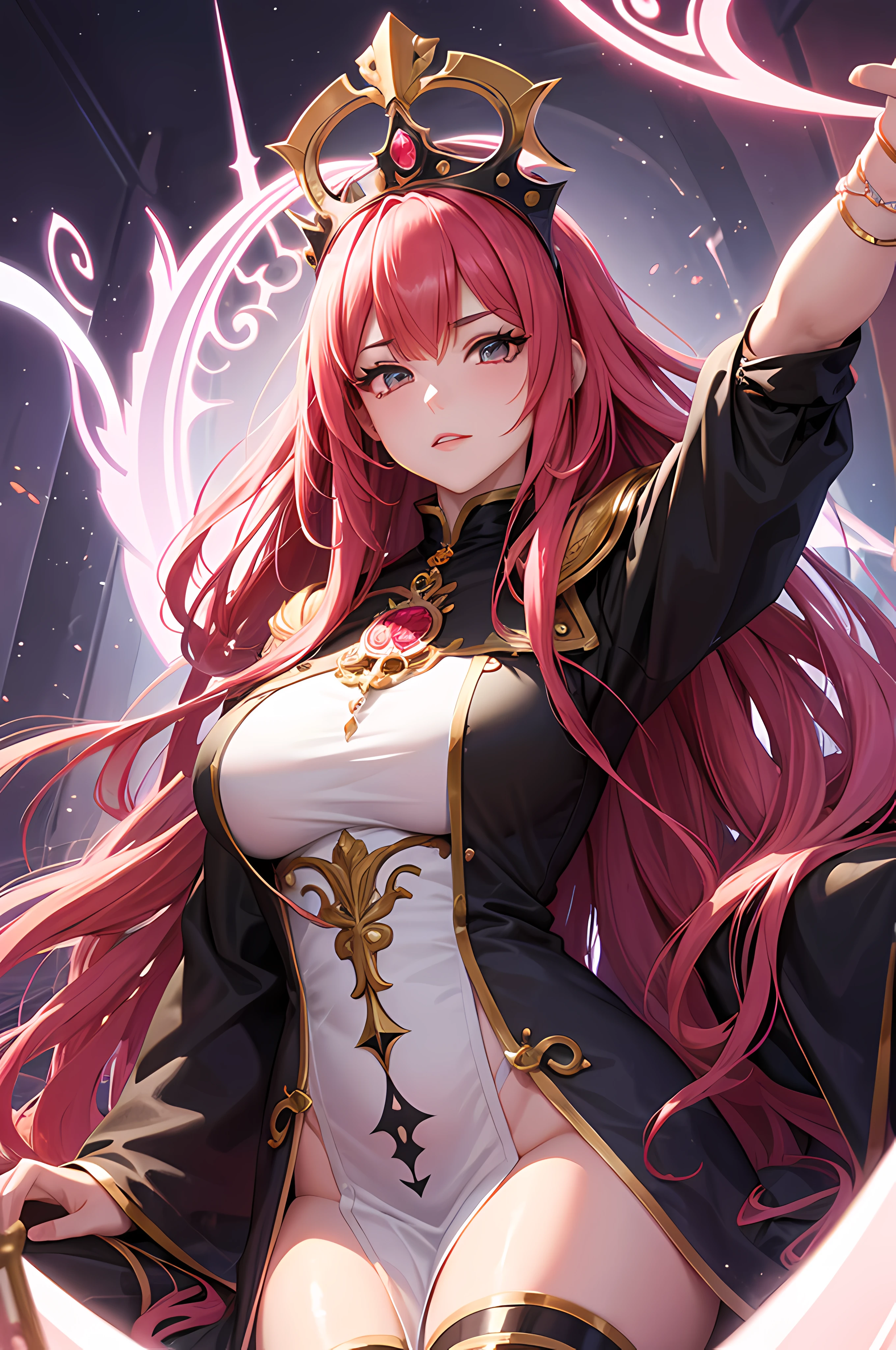 Reina demonio, gigantesca, hermosa, pelo rosa, sentada en un trono, fantasy, joven, aura poderosa, estilo anime