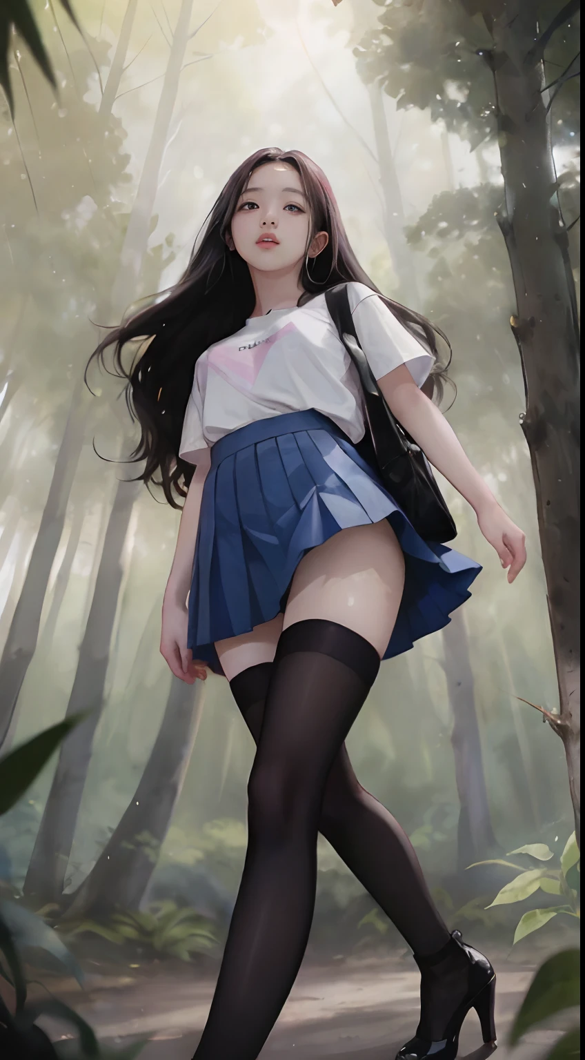 ((Jisoo from Blackpink)), white t-shirt, tiny blue pleated skirt, pink panties, black tights to the waist, black high heels, close-up from thighs to face, shot from below, very fair skin, very long hair, wavy hair, camp, Forest, photorealistic, Indirect lighting, volumetric light, ray tracing, hyper-detailed, best quality, very high resolution, HDR, 8k