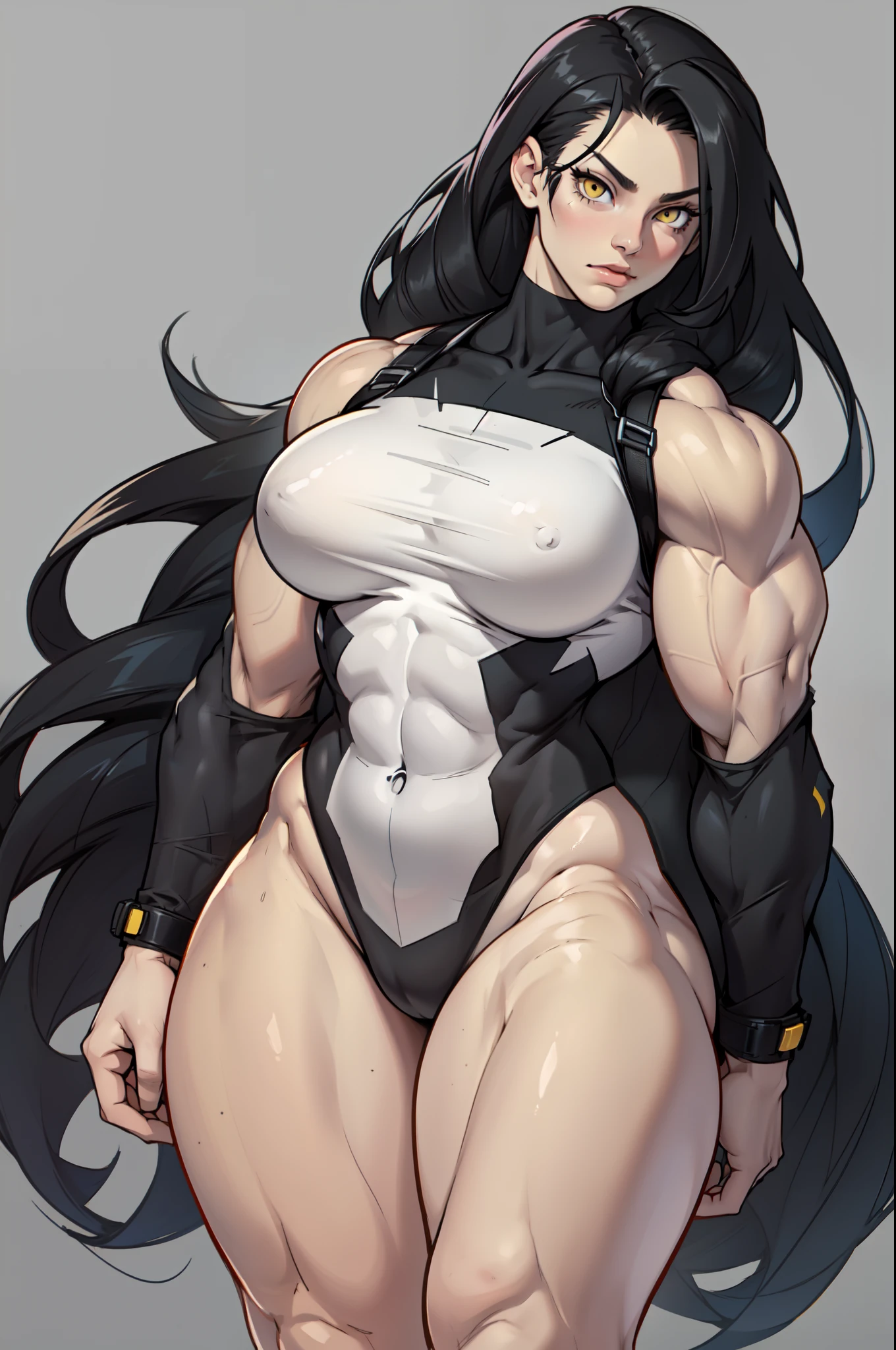 ((very long hair)), ((grey background)), (((((1 girl))))), black hair, yellow eyes, ((((((muscular)))))), tall, pale skin, bodysuit, (solo), curvy, wide hips, thick thighs, big breasts
