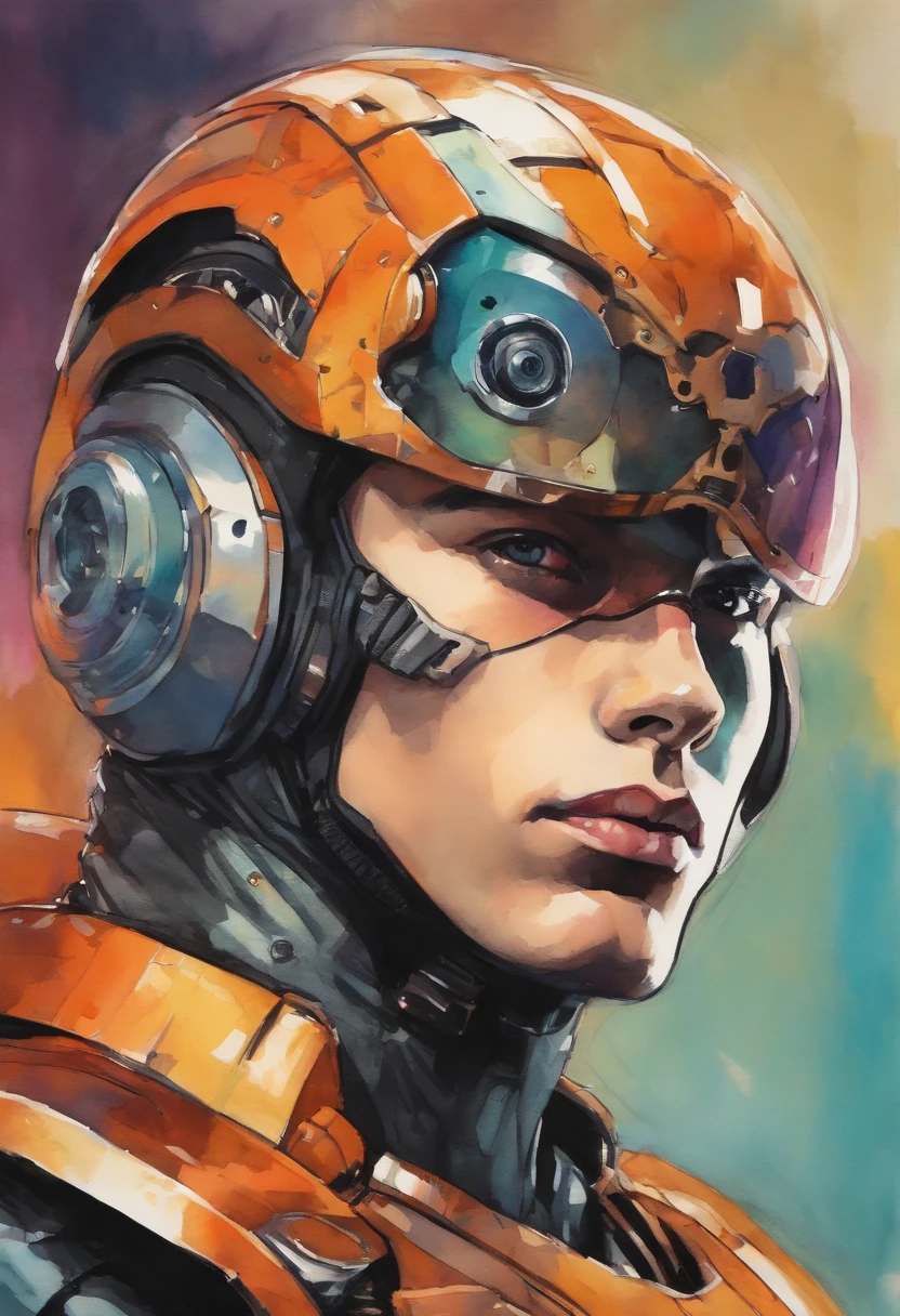 pop art cyborg boy portrait, watercolor, comic style, vivid colors by ake