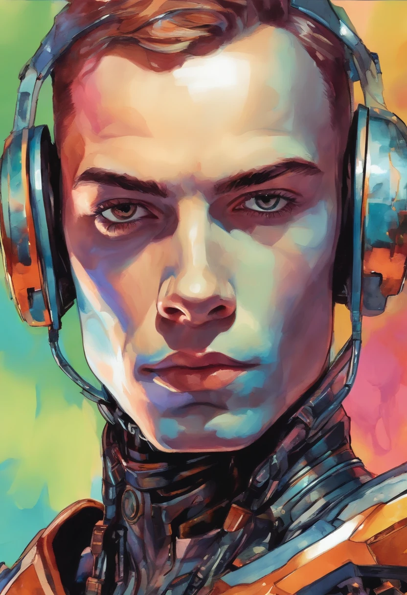 pop art cyborg boy portrait, watercolor, comic style, vivid colors by ake