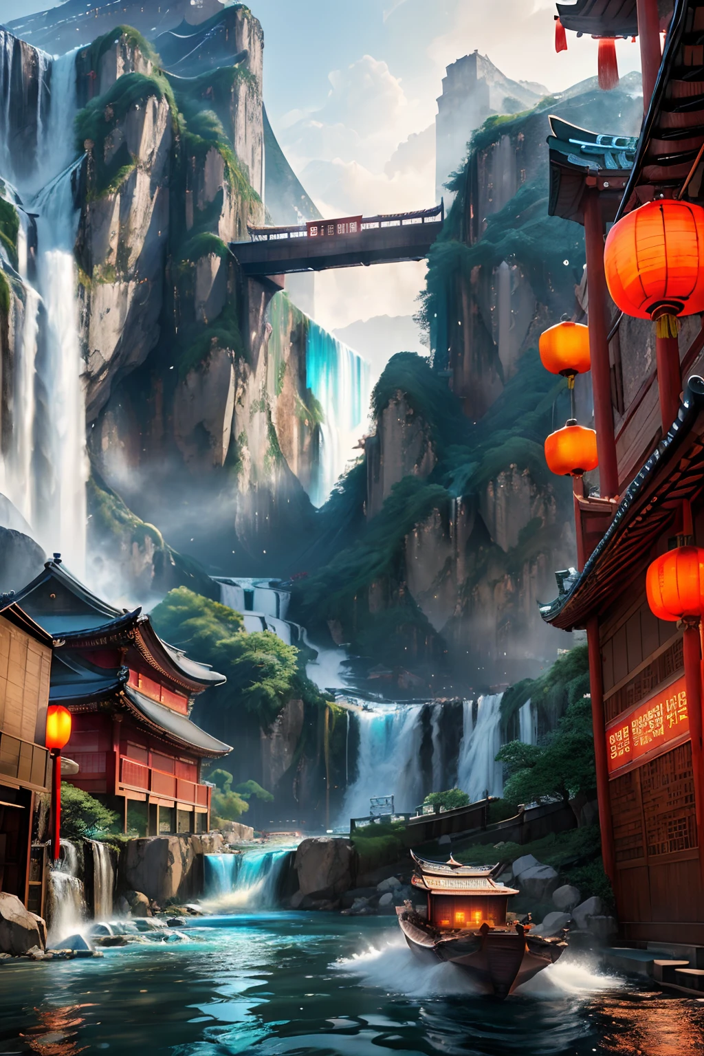 lonely ally in Seoul, ((big majestic waterfall)), ((chinese boat)), flowing, cyberpunk city from sci-fi movie, empty street, Chinese, Chinese architecture, intricate, hyper-detailed, realistic, ultra-realistic, high quality, ultra detail, crazy detail, photo realism, 8k, depth of field