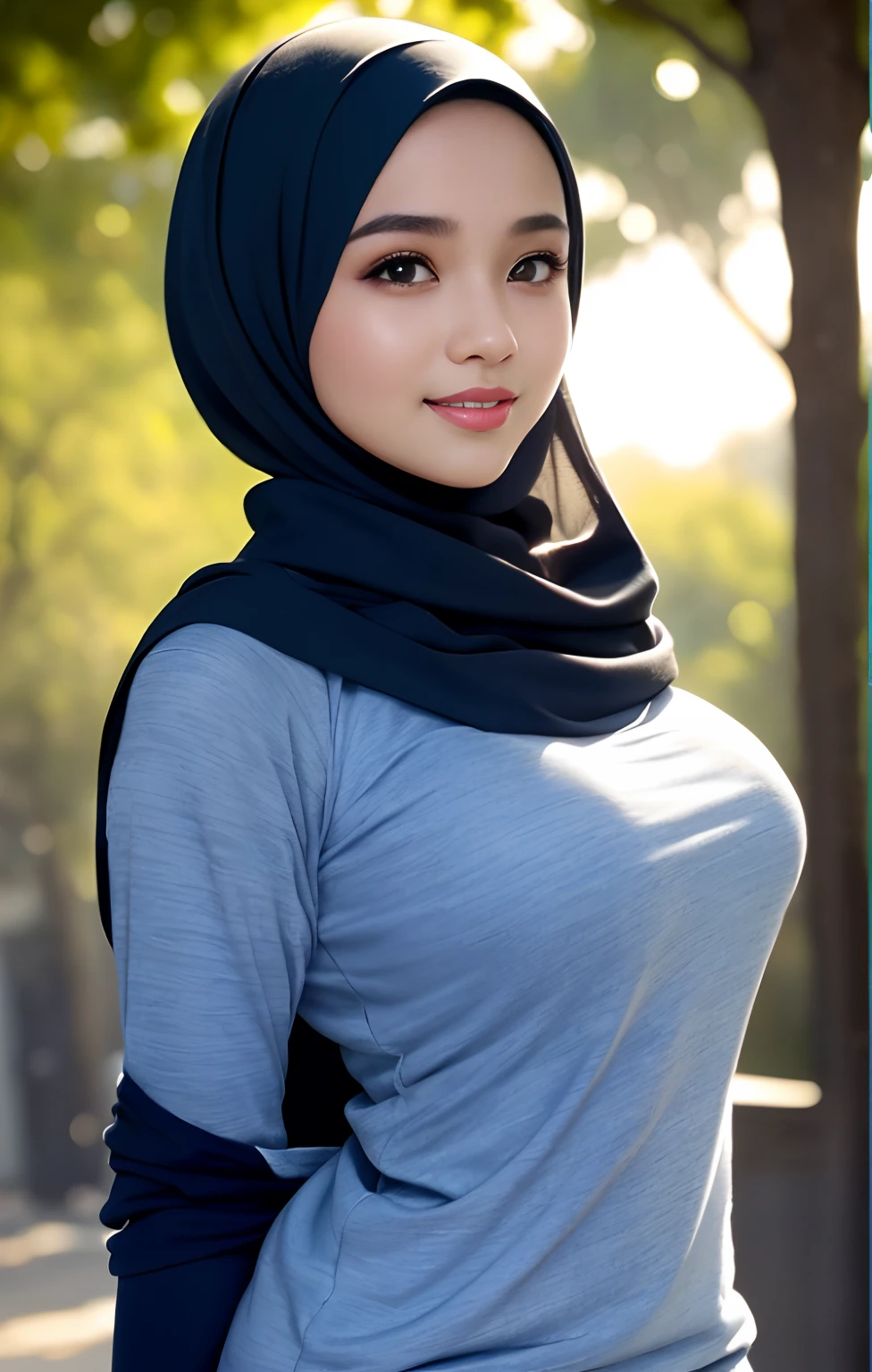 close-up of beautiful korean female, 40 inch breasts size, wearing gray tank top, wearing black hijab, shorts, sitting crosses legs on a bench, holding snack bag, sunshine light, bokeh background, UHD