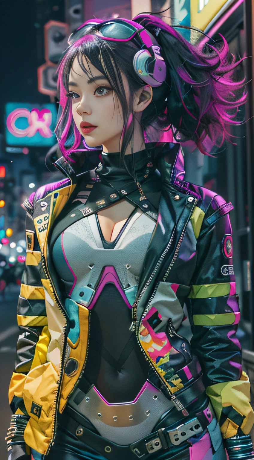 Masterpiece, Best quality, Confident cyberpunk girl, Full body shot, ((Stand in front of the motorcycle)), Popular costumes in Harajuku style, Bold colors and patterns, Eye-catching accessories, Trendy and innovative hairstyle, Vibrant makeup, Cyberpunk's dazzling cityscape, skyscrapper, Neon signs, LED lights, Bright and vivid color scheme, anime big breast, illustration, Detailed skin texture, Detailed cloth texture, Beautiful detailed face, Intricate details, Ultra detailed.