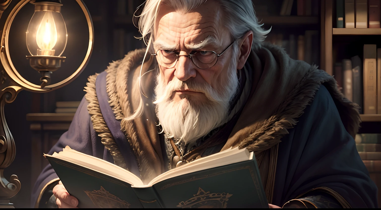 realistic, masterpiece, best quality, wise old wizard reading book, grumpy lighting, brightness, bright, mysterious, mystical, magical, rim lighting