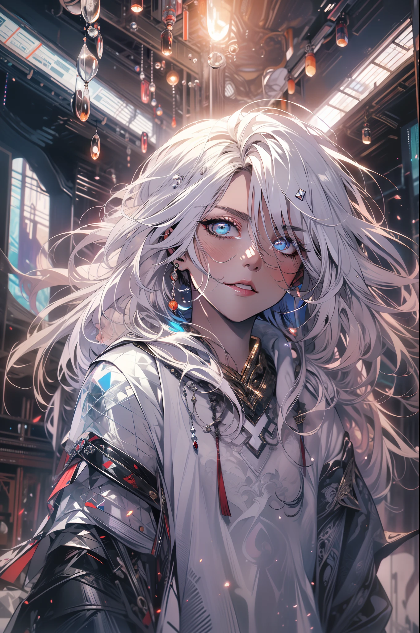 absurderes, A high resolution,Lazy， Ultra detailed, grumpy lighting, Quiet, calm, luminance, 巨作, Best quality,  boy, ultra detailed clothes, dark fantasy movie of the 90s yet, White hair, Large hair, combed hair, White eyes, hyper detail eyes, White skin, Light effects, chromatic effect, with light glowing, ultra detailed scenery, Chaotic background,There is text on the face，