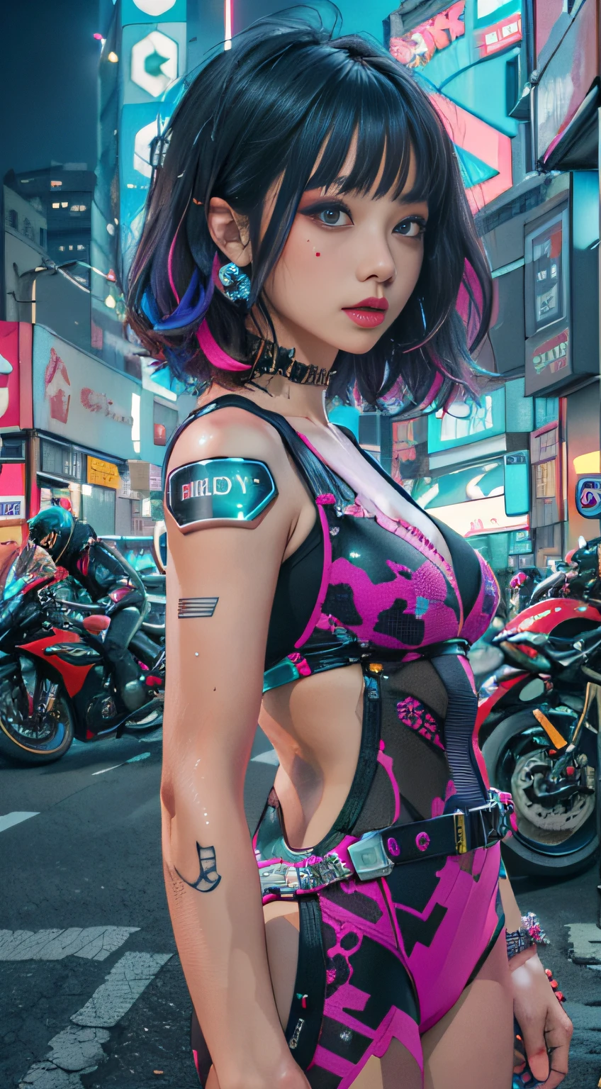 Masterpiece, Best quality, Confident cyberpunk girl, Full body shot, ((Stand in front of the motorcycle)), Popular costumes in Harajuku style, Bold colors and patterns, Eye-catching accessories, Trendy and innovative hairstyle, Vibrant makeup, Cyberpunk's dazzling cityscape, skyscrapper, Neon signs, LED lights, Bright and vivid color scheme, anime big breast, illustration, Detailed skin texture, Detailed cloth texture, Beautiful detailed face, Intricate details, Ultra detailed.