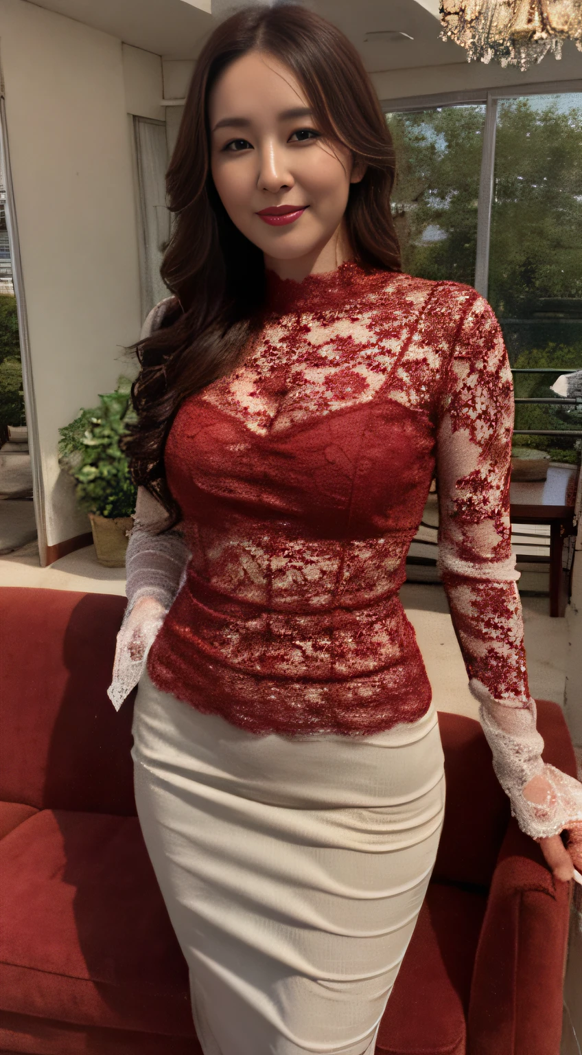 In the living room with a sofa, there is a woman in a red dress posing for a photo, Crewneck clothes, Lace, Sleek tight clothing set, wearing sexy cropped top, clear curvy details, 8K)), ( ivory black ), lacey, The upper part of the body, full - length view, Intricate and detailed dress,wavy and long hair