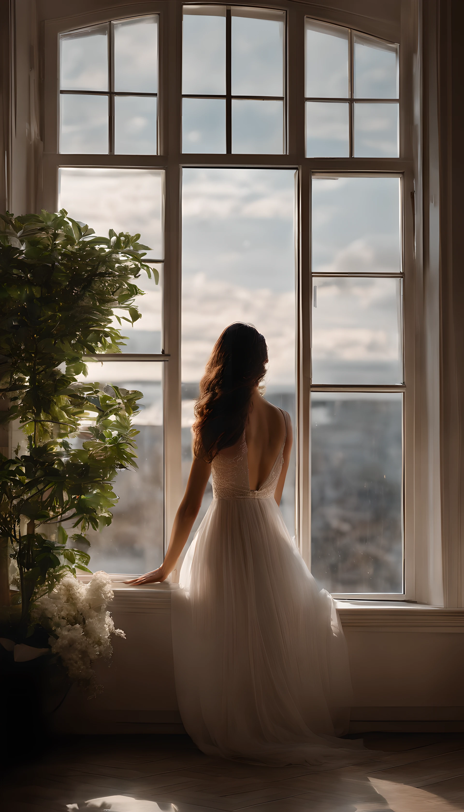 A girl watching the rain on a windowsill，is very beautiful，Delicate makeup，Perfect facial features，Asian face，Black color hair，pretty eyes，A deep，Blurred，looks out the window，Light-colored clothes，White skin of the，book，Bedrooms，Extremely detailed CG，8K Ultra HD wallpaper，tmasterpiece，best qualtiy，(pastelcolor，soothing tones：1.3)，（Natural skin texture，hyper photorealism），（Photographic works），（Courtyard series），optic，with light glowing，A plant，Rich in detail，（deep in the night：1.4），（真实感），windowsill，A body that conforms to the structure of the human body，Quiet，Beautiful and detailed，（High-density imaging：1.4）