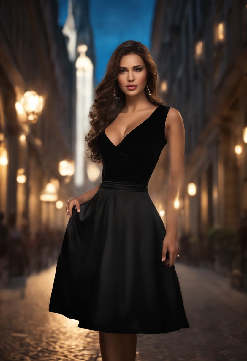 ((Realistic lighting, Best quality, 8K, Masterpiece: 1.3)), Clear focus: 1.2, 1girl, Perfect body beauty: 1.4, Slim abs: 1.1, ((dark brown hair, Big breasts: 1.3)), (Black Skirt: 1.4), (Outdoor, night: 1.1), City streets, Super fine face, fine eyes, double eyelids,