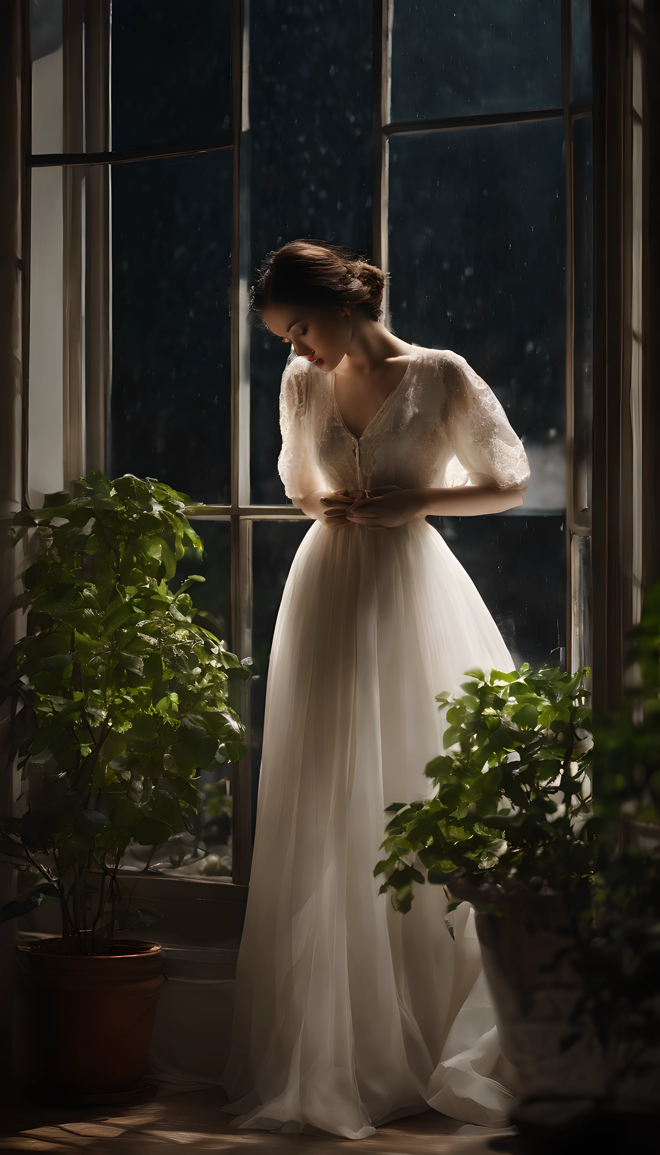 A girl watching the rain on a windowsill,is very beautiful,Delicate makeup,Perfect facial features,Asian face,Black color hair,pretty eyes,A deep,Blurred,looks out the window,Light-colored clothes,White skin of the,book,Bedrooms,Extremely detailed CG,8K Ultra HD wallpaper,tmasterpiece,best qualtiy,(pastelcolor,soothing tones:1.3),(Natural skin texture,hyper photorealism),(Photographic works),(Courtyard series),optic,with light glowing,A plant,Rich in detail,(deep in the night:1.4),(真实感),windowsill,A body that conforms to the structure of the human body,Quiet,Beautiful and detailed,(High-density imaging:1)