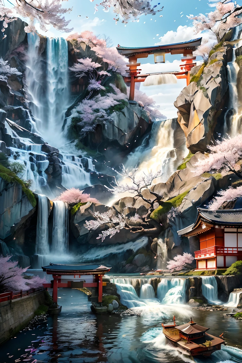 lonely ally in Seoul, ((big majestic waterfall)), cherry blossom tree, ((japanese boat)), flowing, cyberpunk city from sci-fi movie, empty street, Japanese, Japanese architecture, intricate, hyper-detailed, realistic, ultra-realistic, high quality, ultra detail, crazy detail, photo realism, 8k