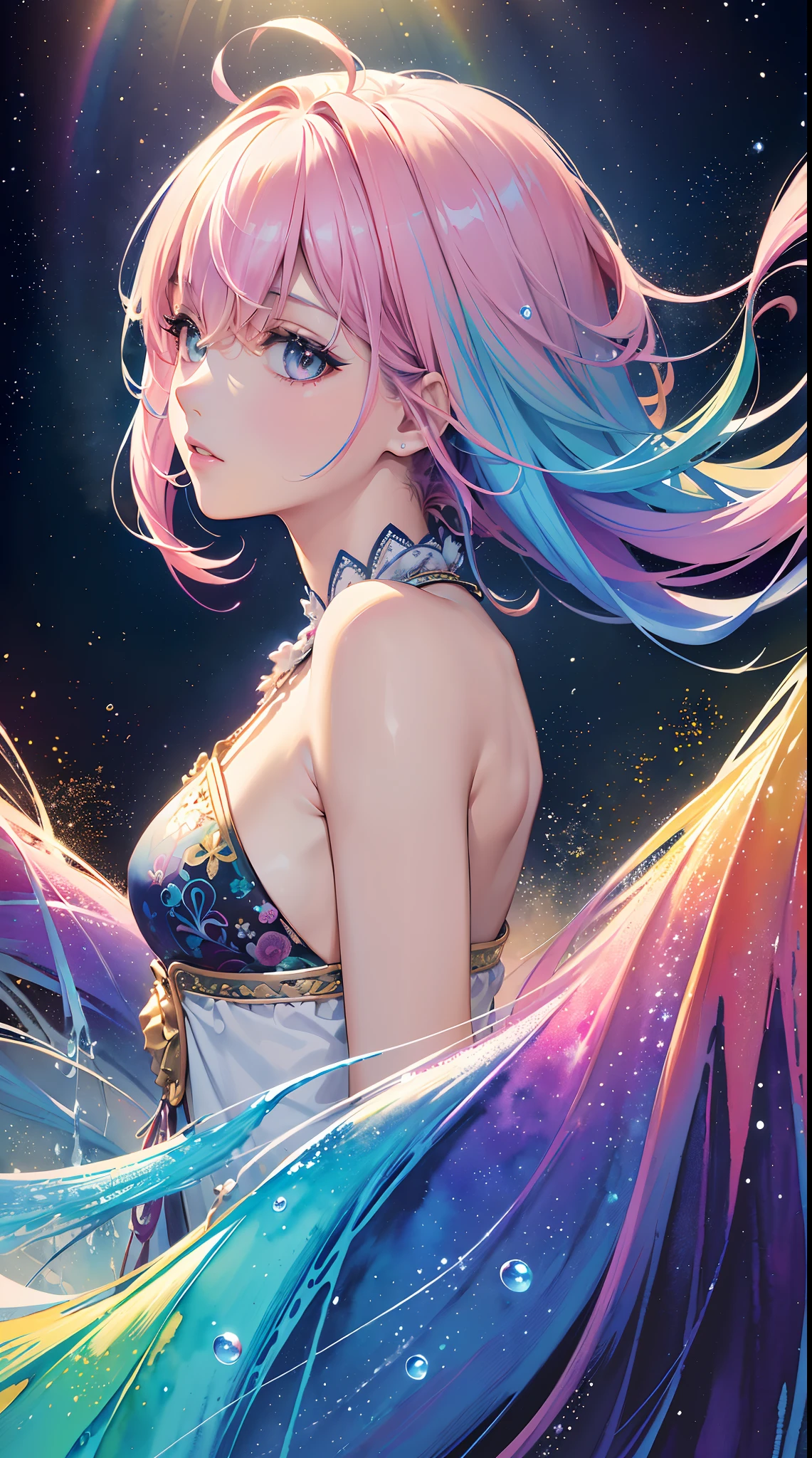 girl, chaotic, rainbow colors, no clothes, fractal brushstrokes, planets space glowing powerballs, cosmic fuzzy style, magical ribbons, power display, zero gravity, master of rainbow color ice, long crystals, extreme abs, exposed body, cute face, golden chains, splash of colors, space buns, neon rainbow color hair, long hair, spaceship, digital technology, sacred, spiritual, wings, cluttered scene, energy orbs. lasers, fiber optic glow strands, led lights,